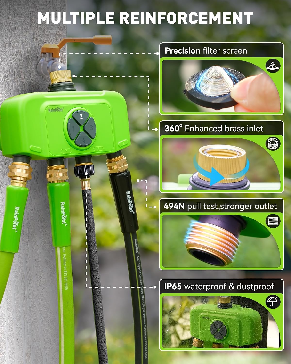 RAINPOINT WiFi Smart Sprinkler Timer. Outdoor Garden Hose Water Timer with Solid Brass Inlet & Outlet. Custom Irrigation Programs via App. Voice Control. Green