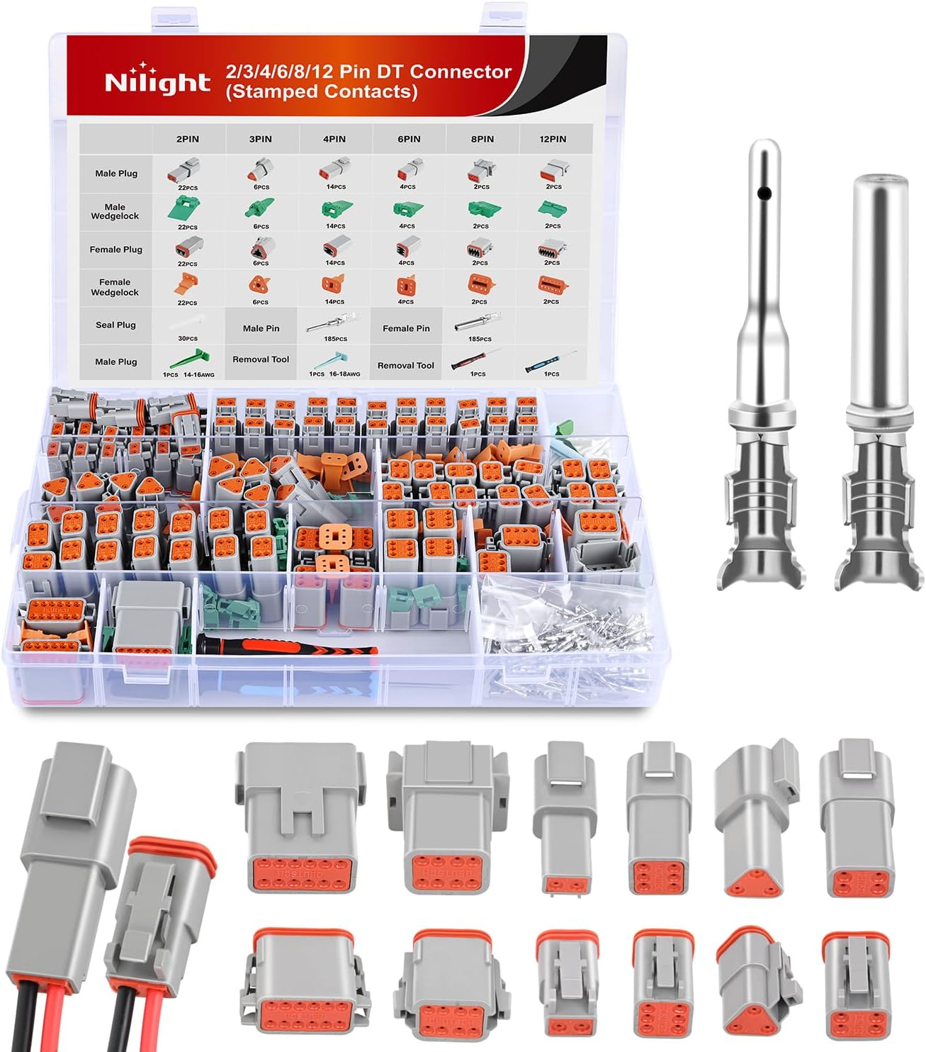 Nilight 50 Sets 2 3 4 6 8 12PIN DT Connector Kit 16 Stamped Formed Contact | Waterproof for 14-18 AWG Wires DT Series w/Removal Tool for Car Truck Motorcycle Off-Road Vehicles Boat