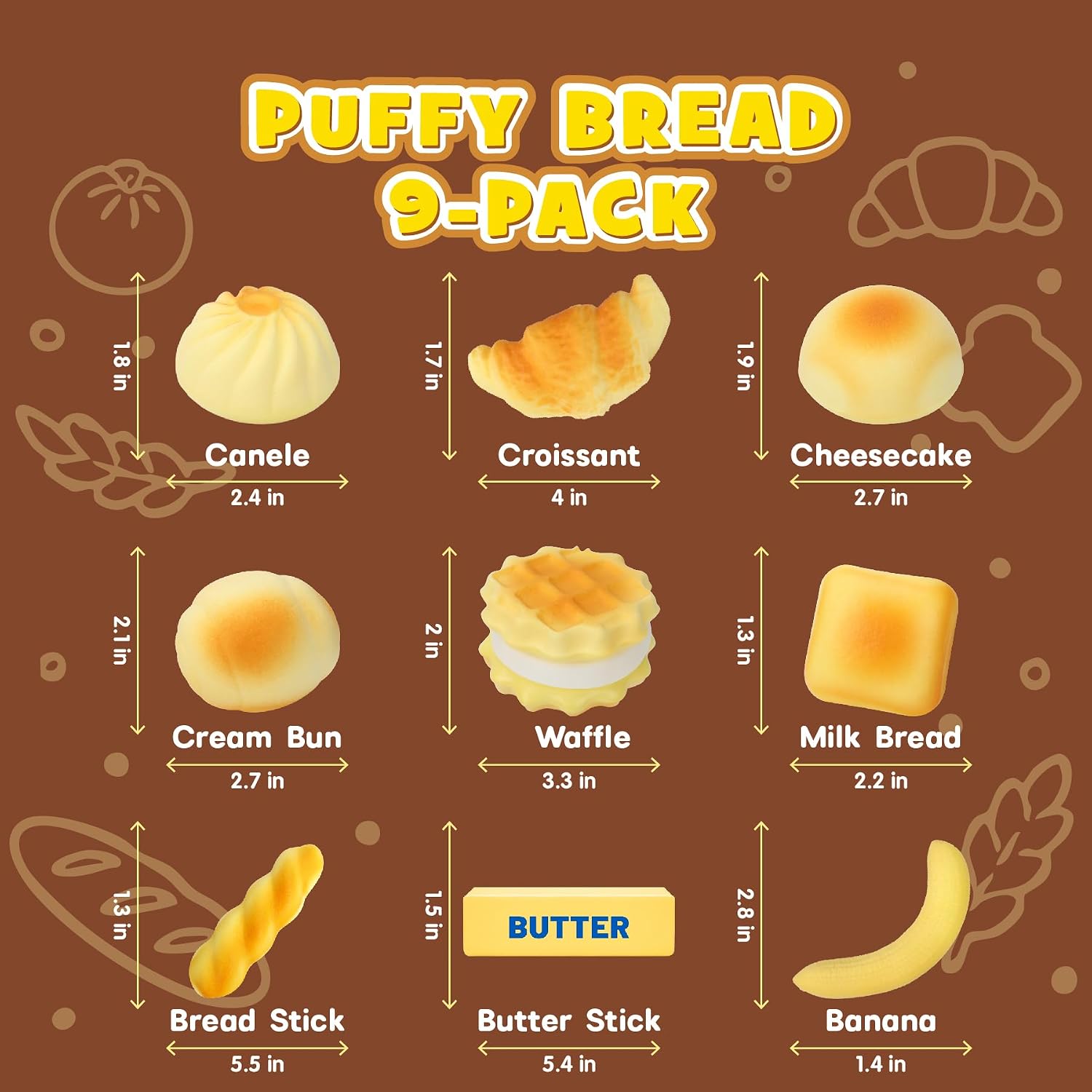 Recheel Butter Squishy Toys. 9 Pack Slow Rising Food Squishies Set | Soft Kawaii Food Squishies with Bread. Cake & Fruit Designs. Perfect Fidget Toys for Stress Relief. Relaxation and Play