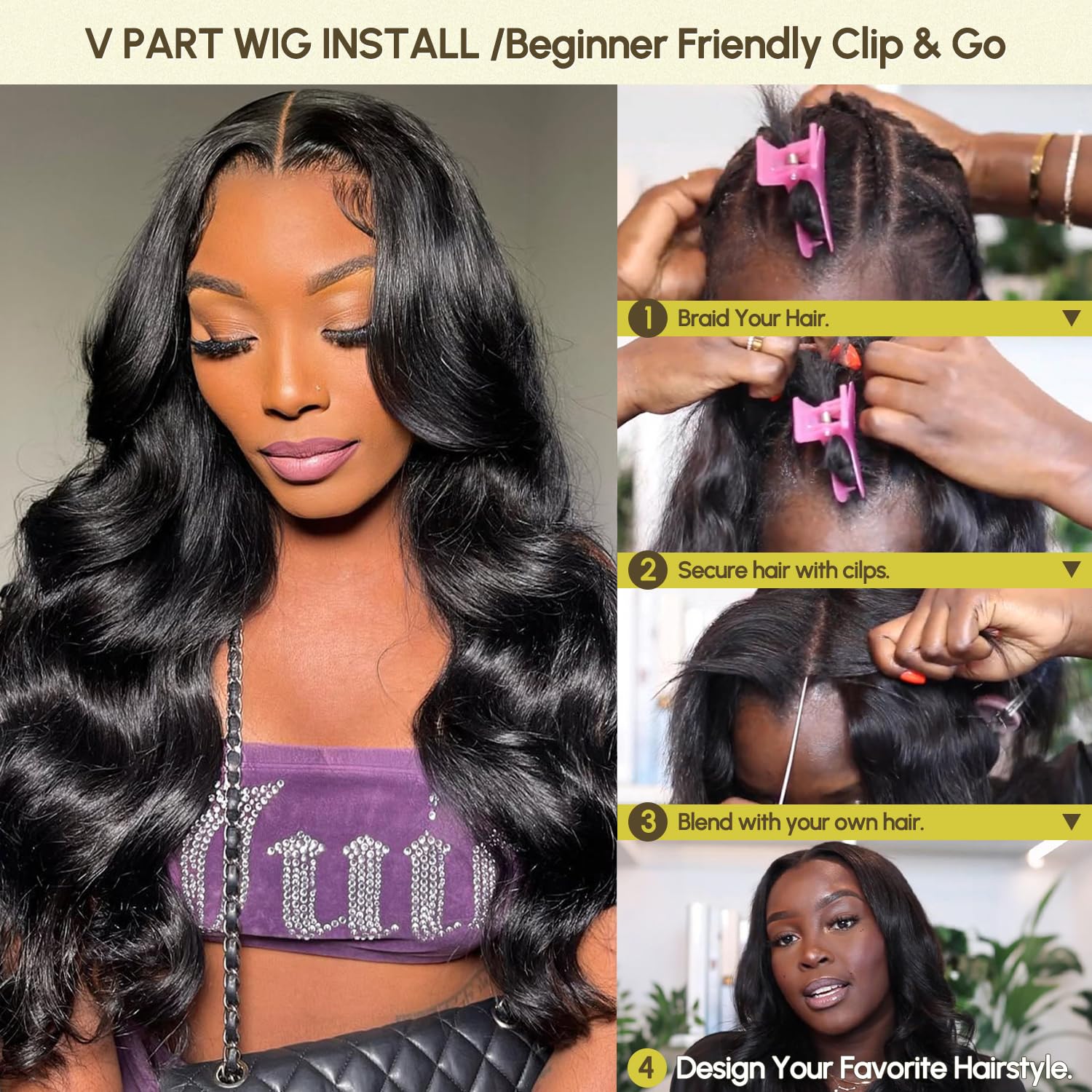 Omeself V Part Wigs Human Hair Body Wave Upgrade Glueless Human Hair 22Inch | Glueless V Part Wigs Human Hair Body Wave 200 Density Upgrade No Glue No Leave Out. Beginner Friendly Wear and Go Wig.