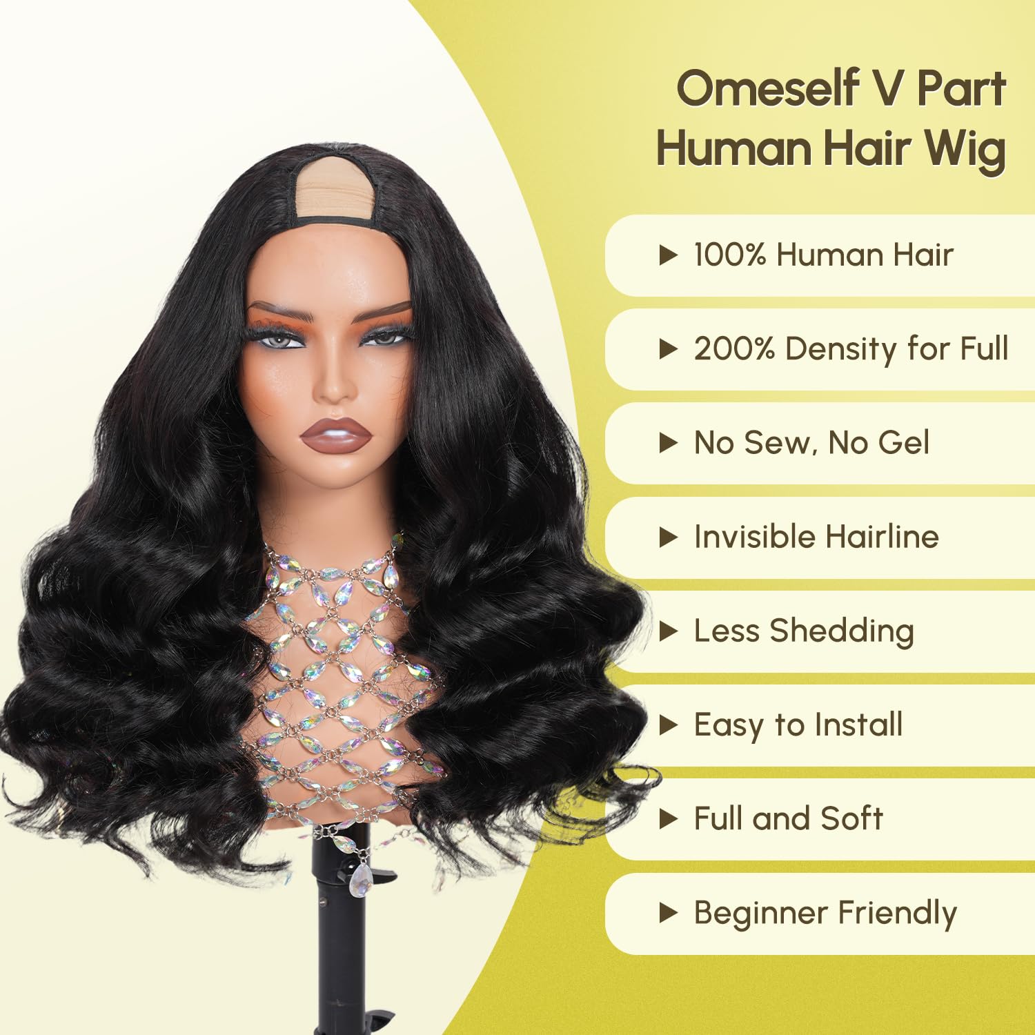 Omeself V Part Wigs Human Hair Body Wave Upgrade Glueless Human Hair 22Inch | Glueless V Part Wigs Human Hair Body Wave 200 Density Upgrade No Glue No Leave Out. Beginner Friendly Wear and Go Wig.