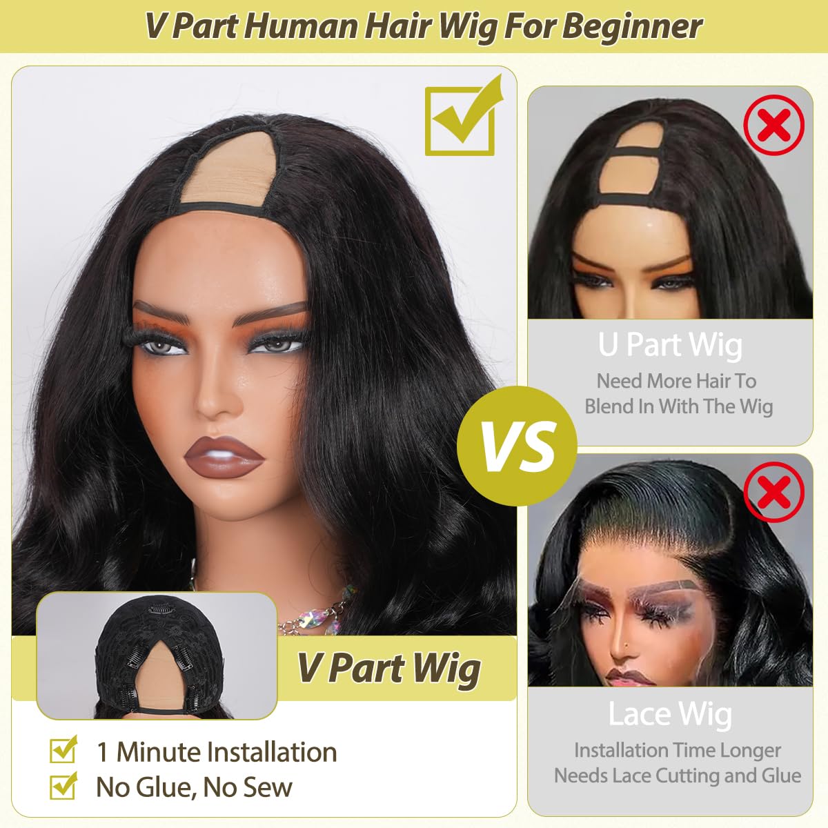 Omeself V Part Wigs Human Hair Body Wave Upgrade Glueless Human Hair 22Inch | Glueless V Part Wigs Human Hair Body Wave 200 Density Upgrade No Glue No Leave Out. Beginner Friendly Wear and Go Wig.
