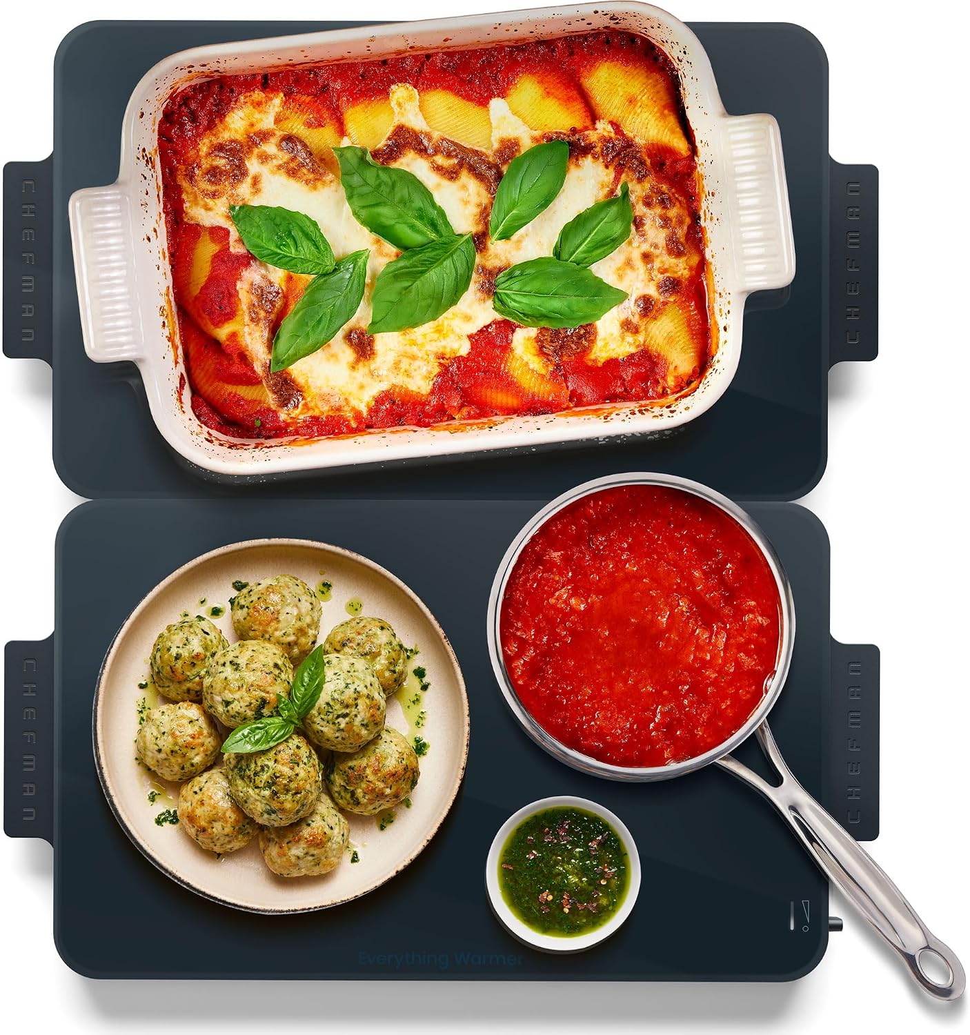 Chefman Everything Warmer Electric Warming Tray. 20 x 16 Modular Expanding Design. Graphene Full-Surface Heating. Food Warming Mat for Parties. Gatherings & Daily Use. Two Tempered Glass Panels