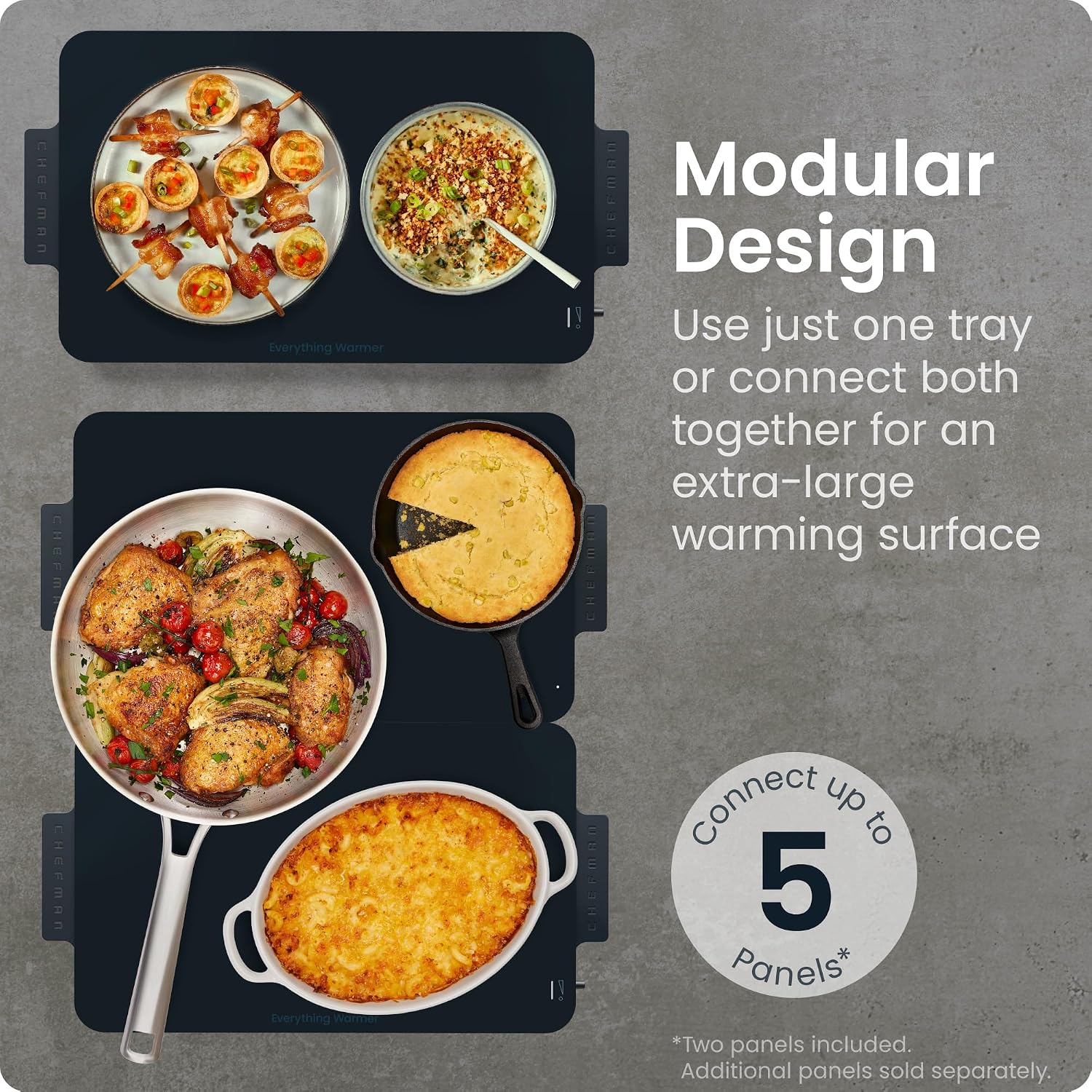 Chefman Everything Warmer Electric Warming Tray. 20 x 16 Modular Expanding Design. Graphene Full-Surface Heating. Food Warming Mat for Parties. Gatherings & Daily Use. Two Tempered Glass Panels