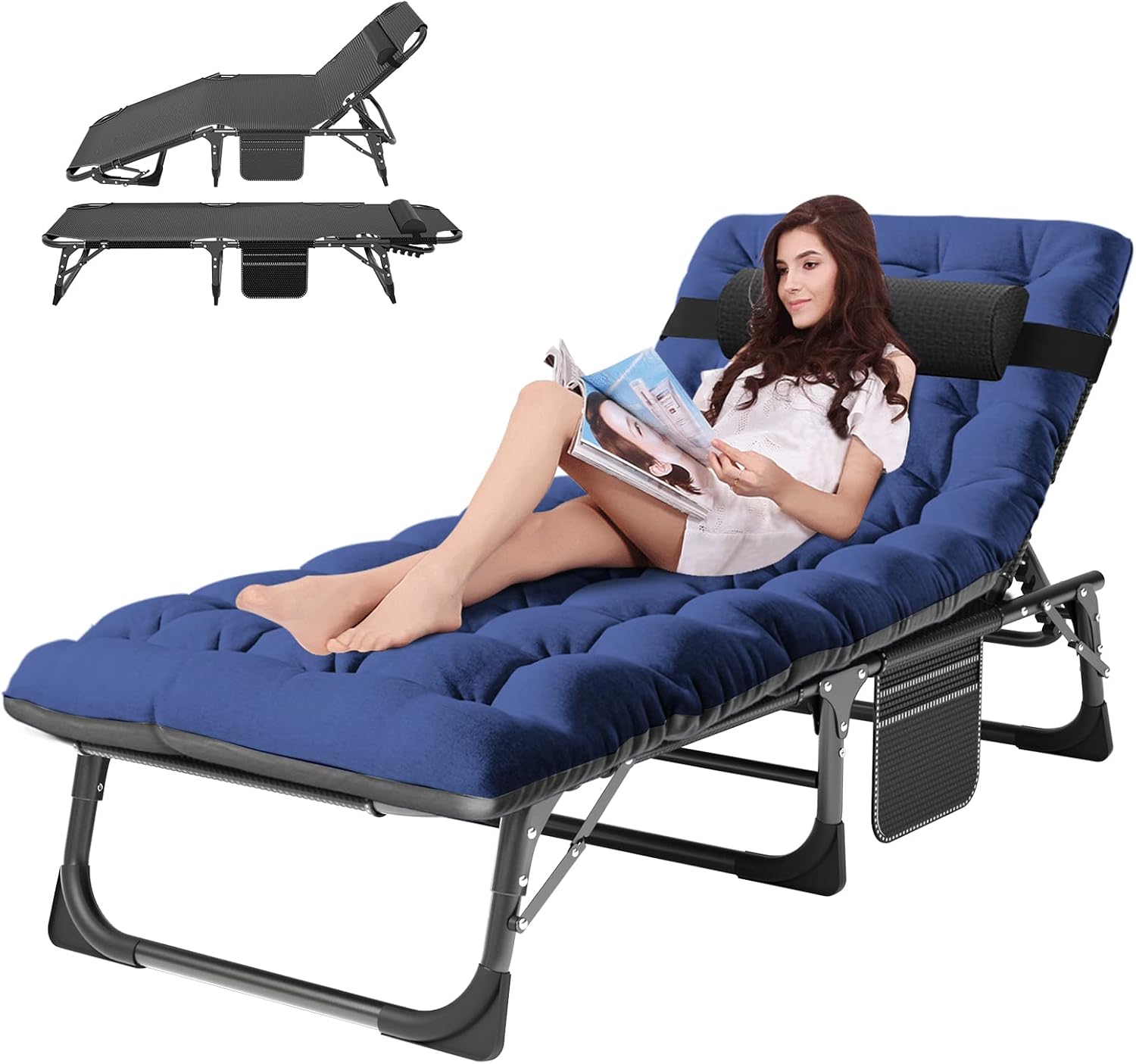 ABORON Tanning Chair. 5-Position Padded Folding Chaise Lounge | 5-position folding chaise lounge supports 400 lb and has a removable cushion and pillow for sunbathing. poolside or patio.