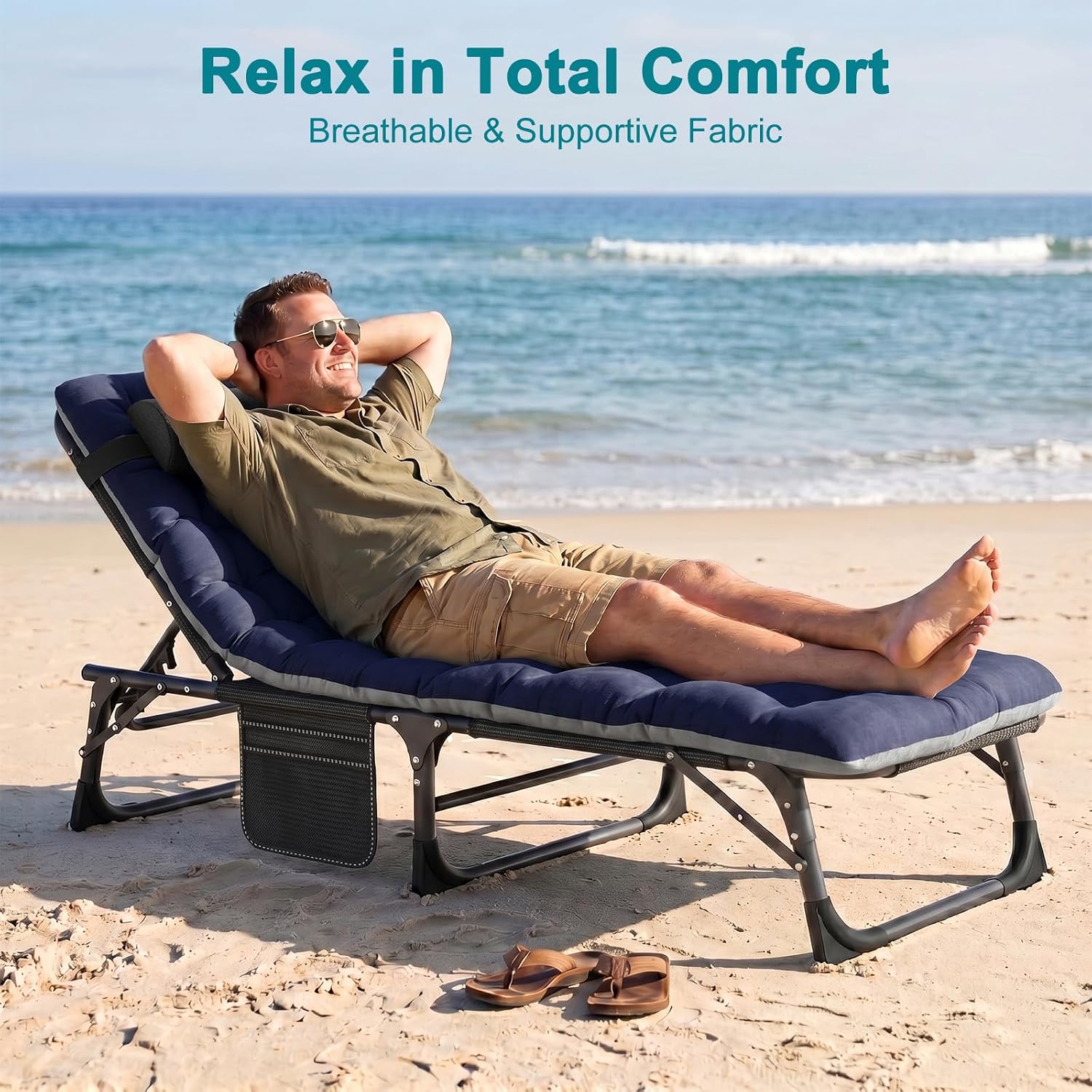 ABORON Tanning Chair. 5-Position Padded Folding Chaise Lounge | 5-position folding chaise lounge supports 400 lb and has a removable cushion and pillow for sunbathing. poolside or patio.