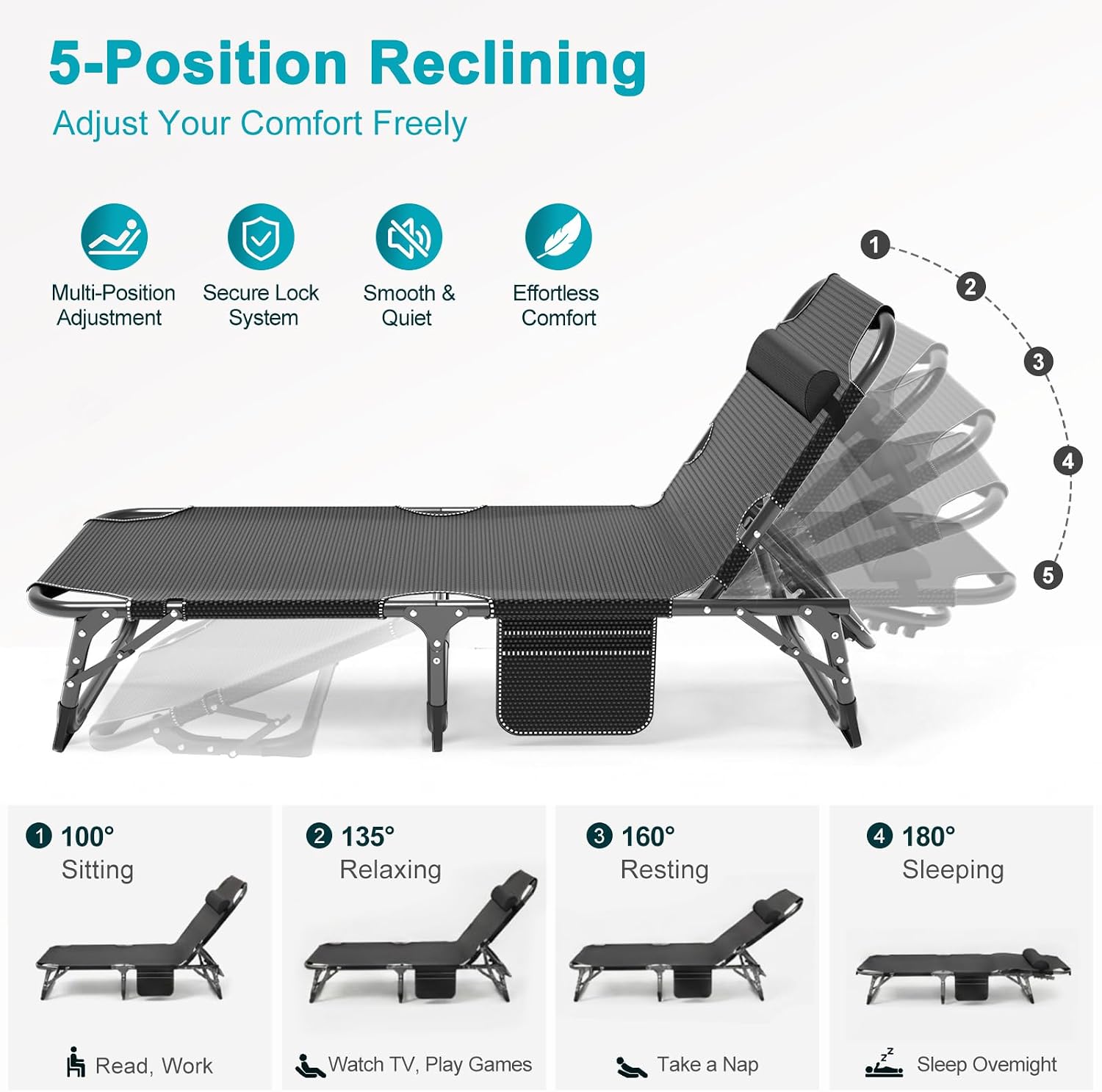 ABORON Tanning Chair. 5-Position Padded Folding Chaise Lounge | 5-position folding chaise lounge supports 400 lb and has a removable cushion and pillow for sunbathing. poolside or patio.