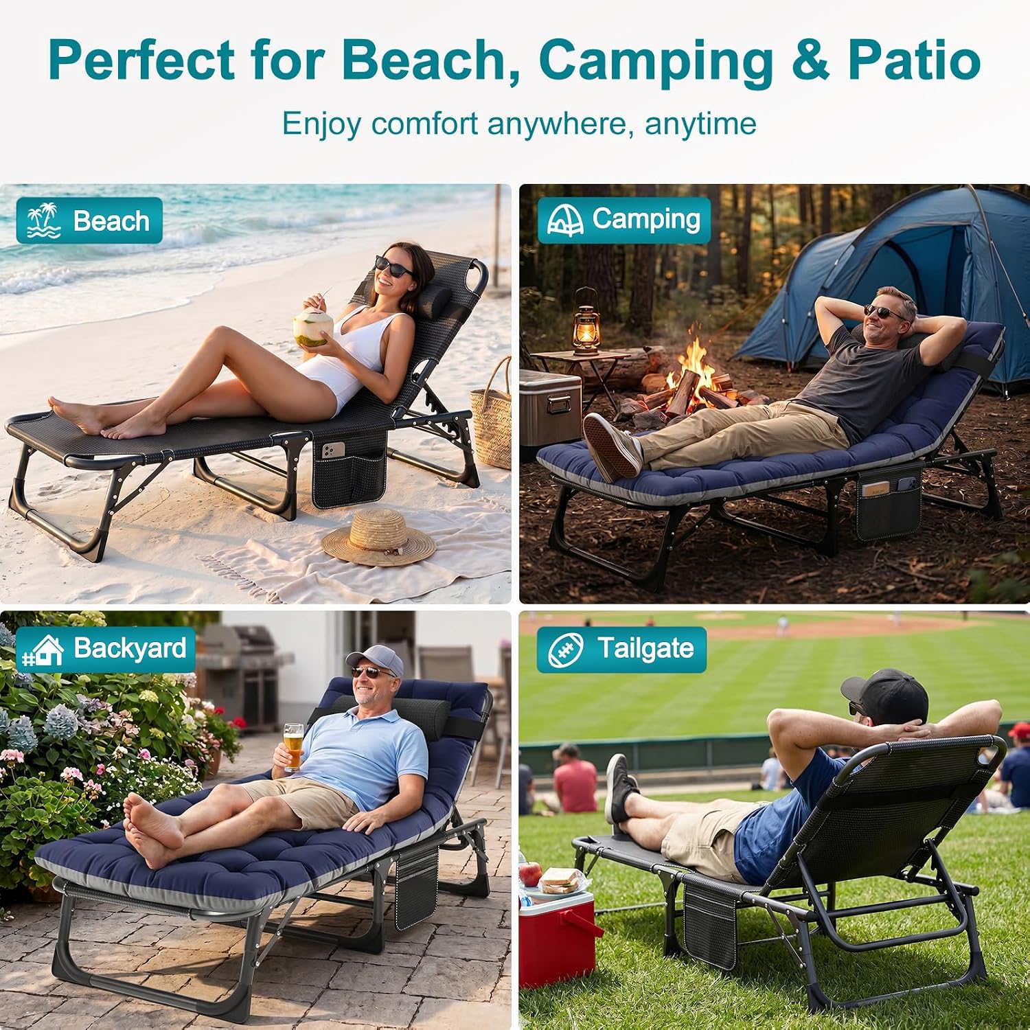 ABORON Tanning Chair. 5-Position Padded Folding Chaise Lounge | 5-position folding chaise lounge supports 400 lb and has a removable cushion and pillow for sunbathing. poolside or patio.
