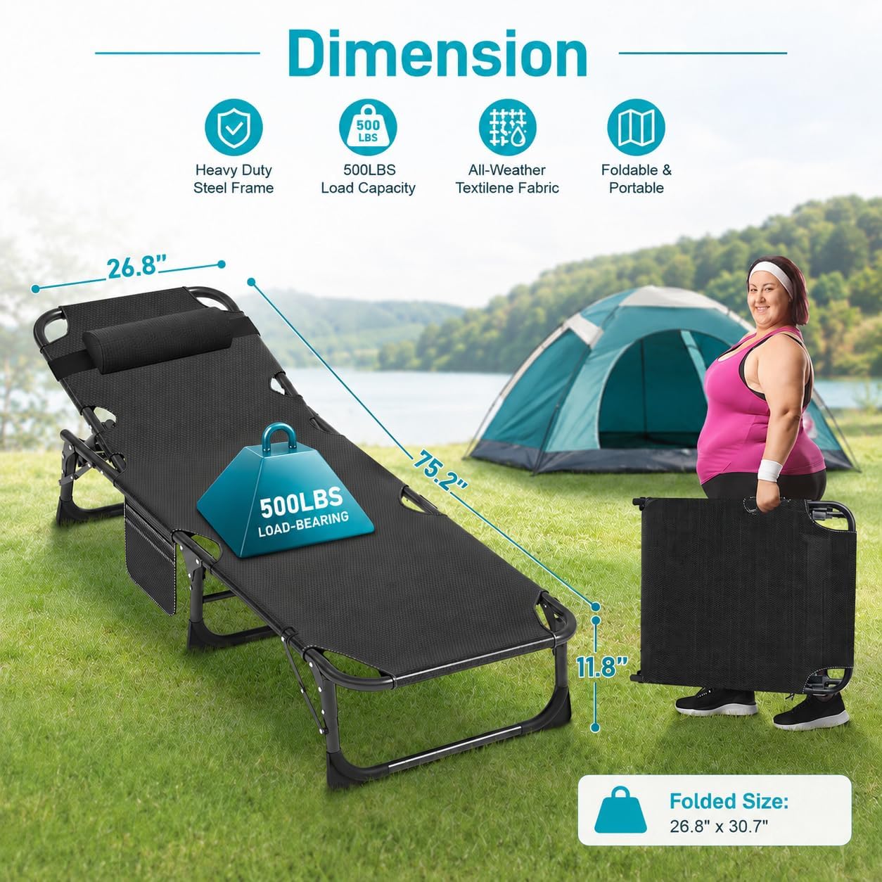 ABORON Tanning Chair. 5-Position Padded Folding Chaise Lounge | 5-position folding chaise lounge supports 400 lb and has a removable cushion and pillow for sunbathing. poolside or patio.