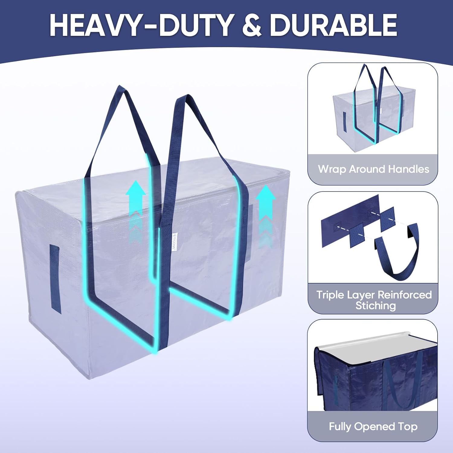 TICONN 2 Pack Extra Large Moving Bags Heavy Duty with Zippers & Carrying Handles. Durable Storage Bags Moving Boxes for Closet Organizers and Storage (2 Pack. Navy)