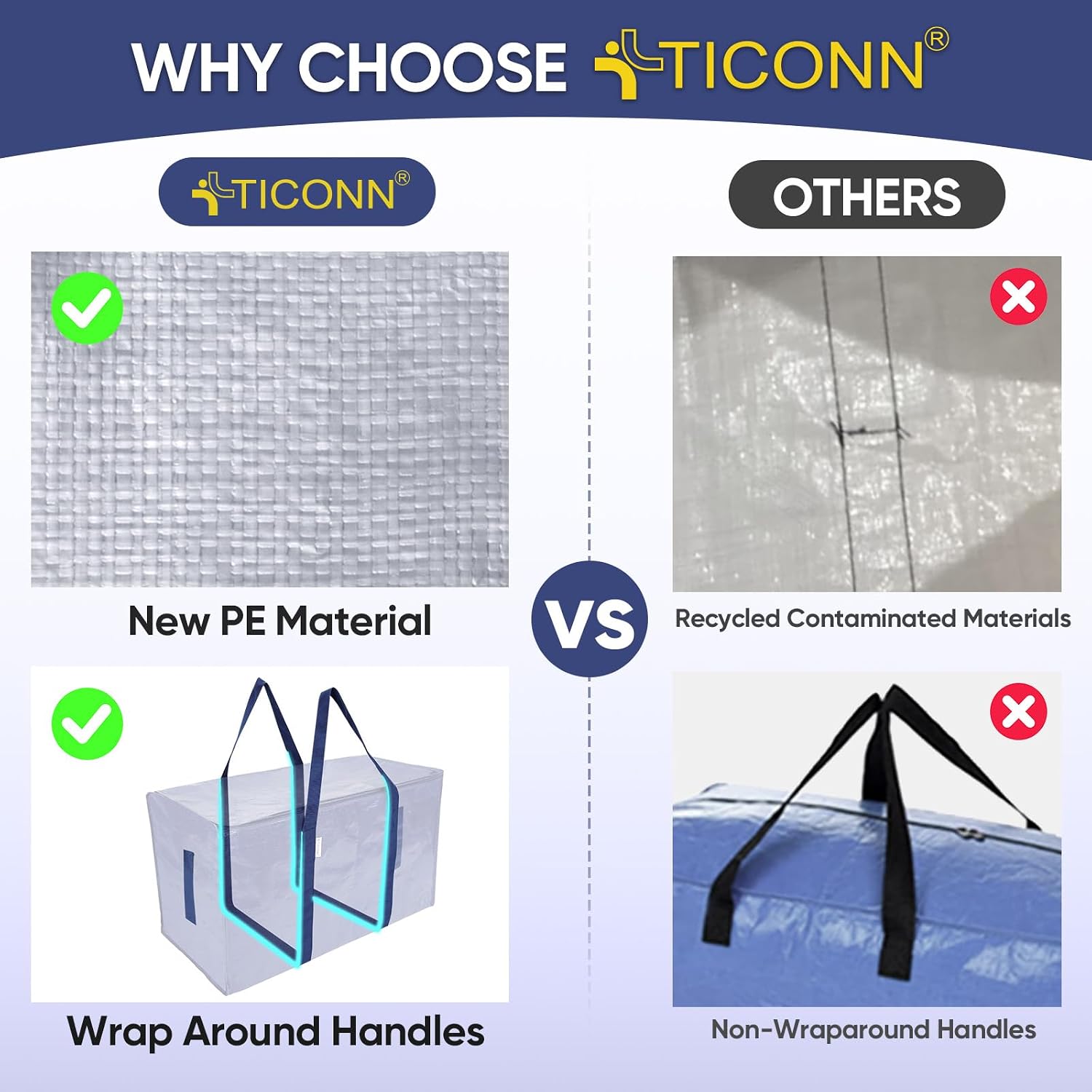 TICONN 2 Pack Extra Large Moving Bags Heavy Duty with Zippers & Carrying Handles. Durable Storage Bags Moving Boxes for Closet Organizers and Storage (2 Pack. Navy)