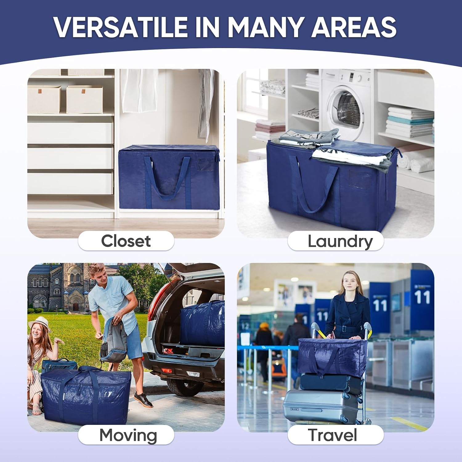 TICONN 2 Pack Extra Large Moving Bags Heavy Duty with Zippers & Carrying Handles. Durable Storage Bags Moving Boxes for Closet Organizers and Storage (2 Pack. Navy)