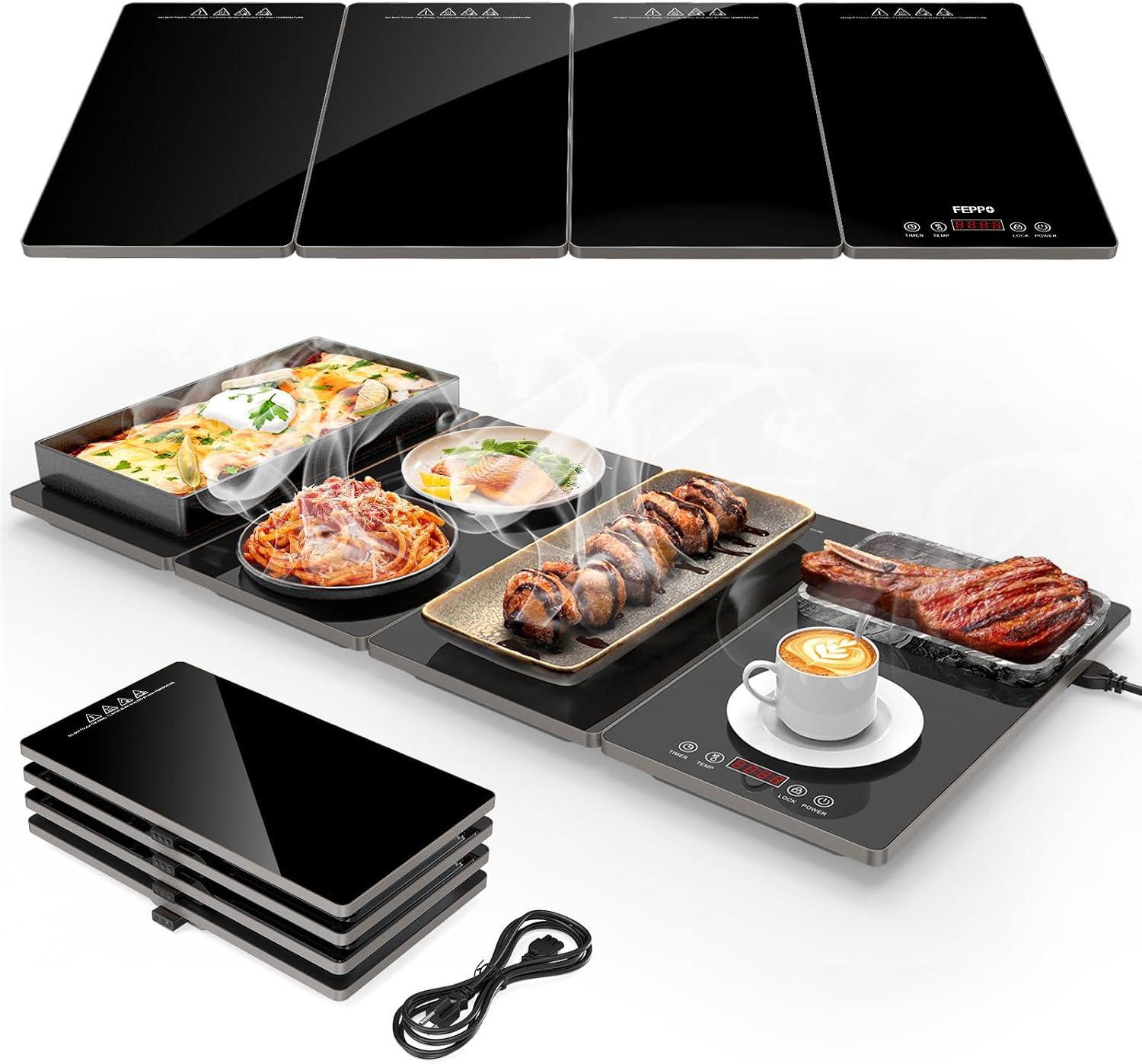 FEPPO Electric Warming Tray. 4-in-1 Food Warmers for Parties Buffet with 10 Temp Settings and Timer. 33x15 Glass Surface Warming Mat for Food. Modular Buffet Hot Plates for Catering and Gatherings