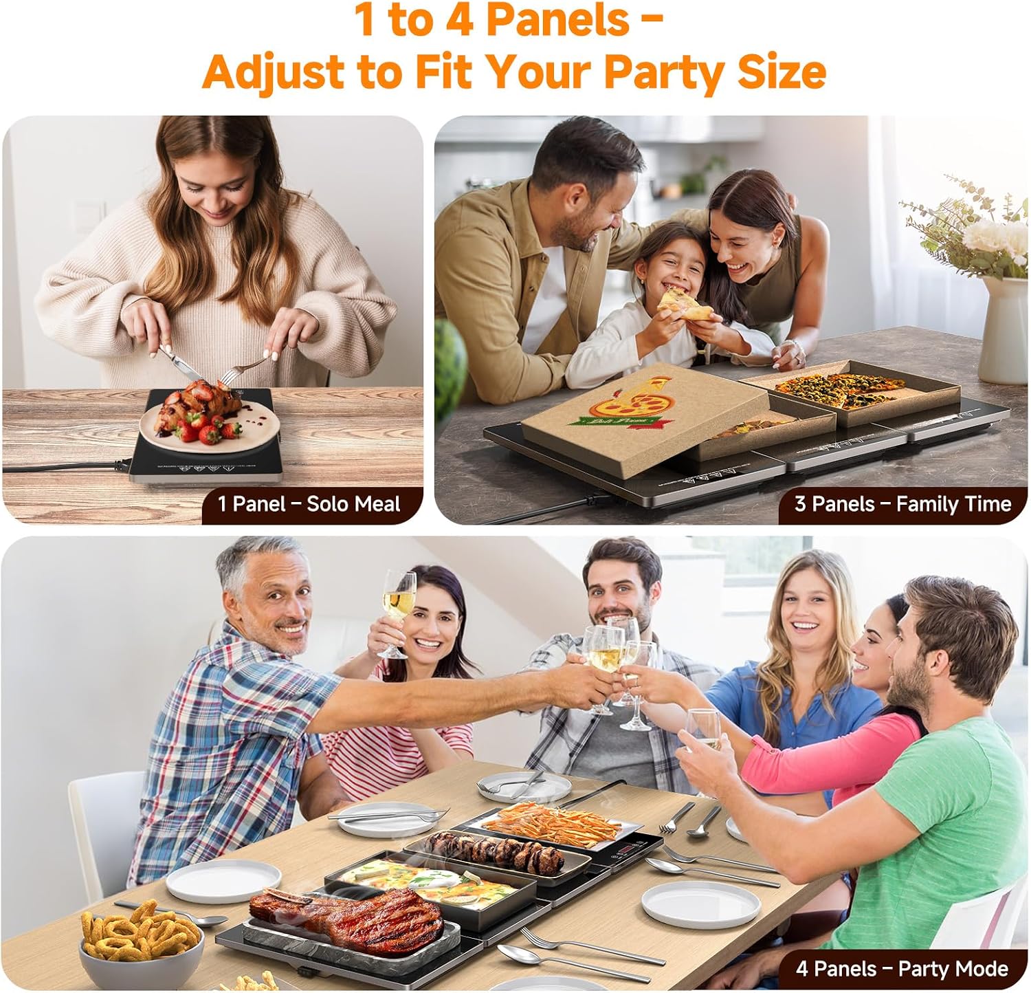 FEPPO Electric Warming Tray. 4-in-1 Food Warmers for Parties Buffet with 10 Temp Settings and Timer. 33x15 Glass Surface Warming Mat for Food. Modular Buffet Hot Plates for Catering and Gatherings