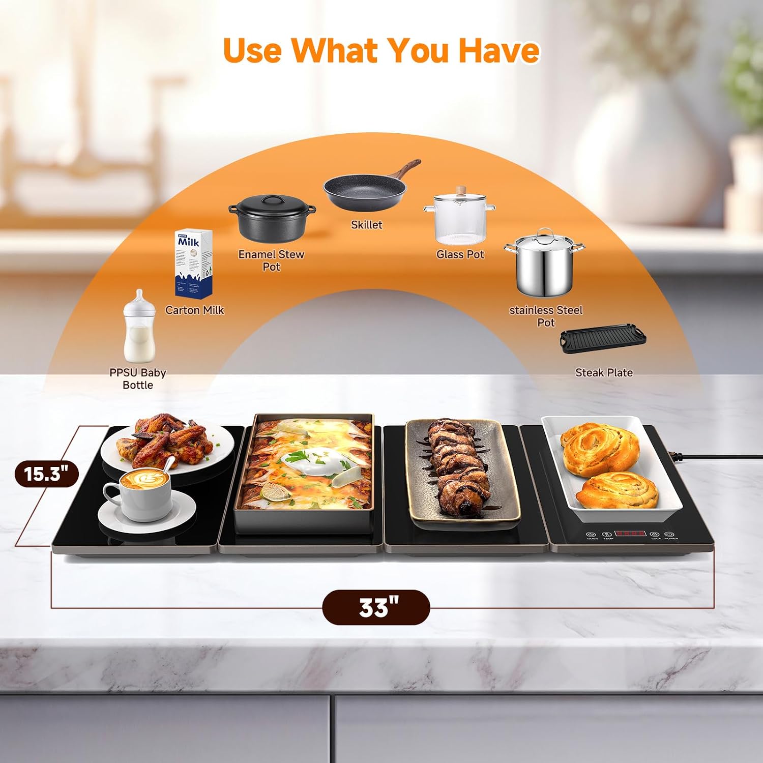 FEPPO Electric Warming Tray. 4-in-1 Food Warmers for Parties Buffet with 10 Temp Settings and Timer. 33x15 Glass Surface Warming Mat for Food. Modular Buffet Hot Plates for Catering and Gatherings
