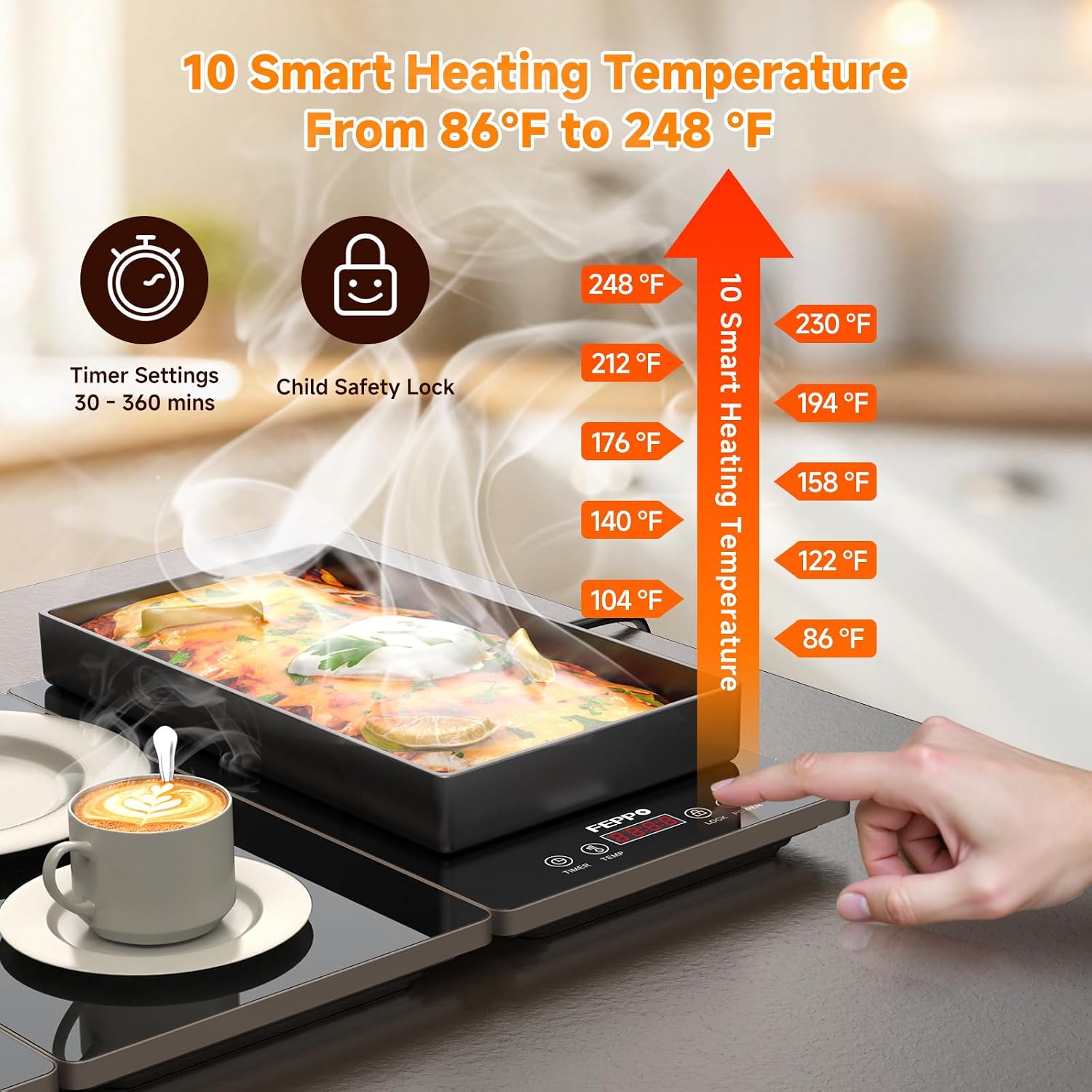 FEPPO Electric Warming Tray. 4-in-1 Food Warmers for Parties Buffet with 10 Temp Settings and Timer. 33x15 Glass Surface Warming Mat for Food. Modular Buffet Hot Plates for Catering and Gatherings