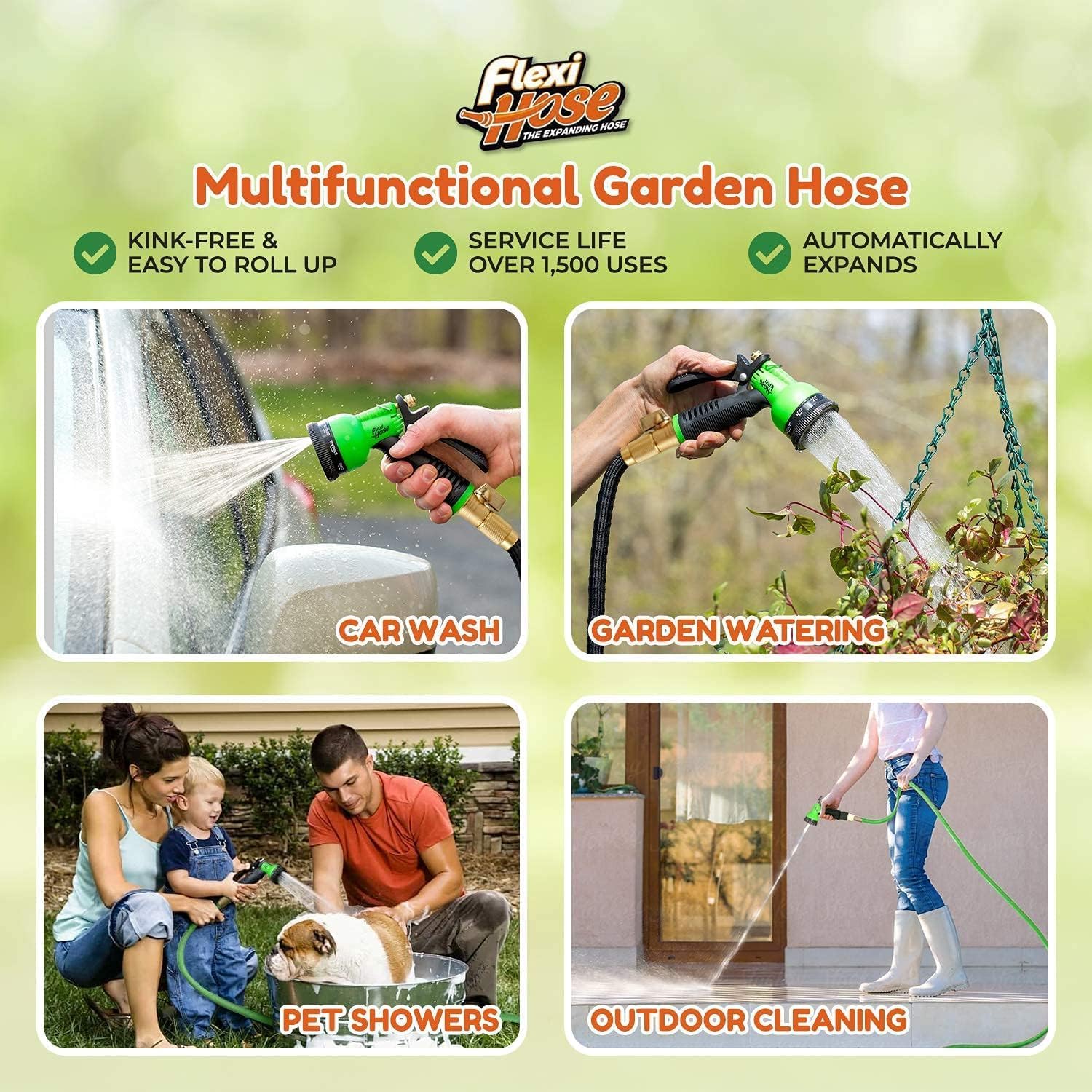 Flexi Hose with 8 Function Nozzle. 150FT - Lightweight Expandable Garden Hose. No-Kink Flexibility. 3/4 Inch Solid Brass Fittings and Double Latex Core
