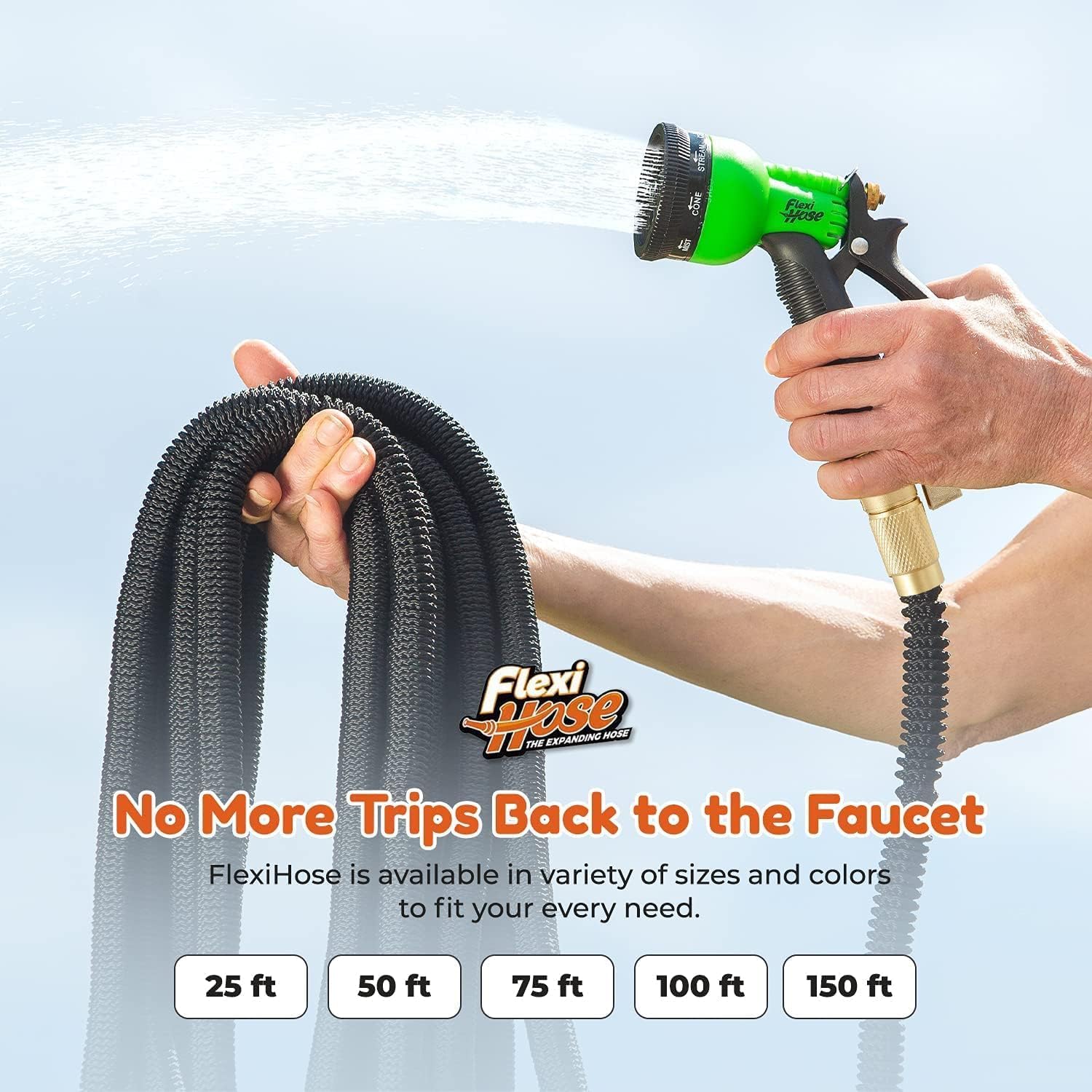 Flexi Hose with 8 Function Nozzle. 150FT - Lightweight Expandable Garden Hose. No-Kink Flexibility. 3/4 Inch Solid Brass Fittings and Double Latex Core