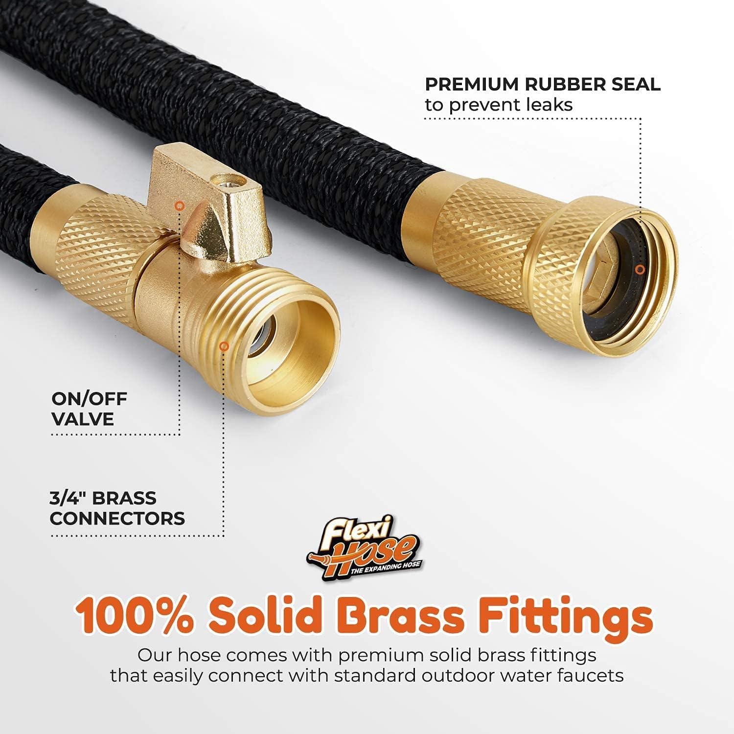 Flexi Hose with 8 Function Nozzle. 150FT - Lightweight Expandable Garden Hose. No-Kink Flexibility. 3/4 Inch Solid Brass Fittings and Double Latex Core