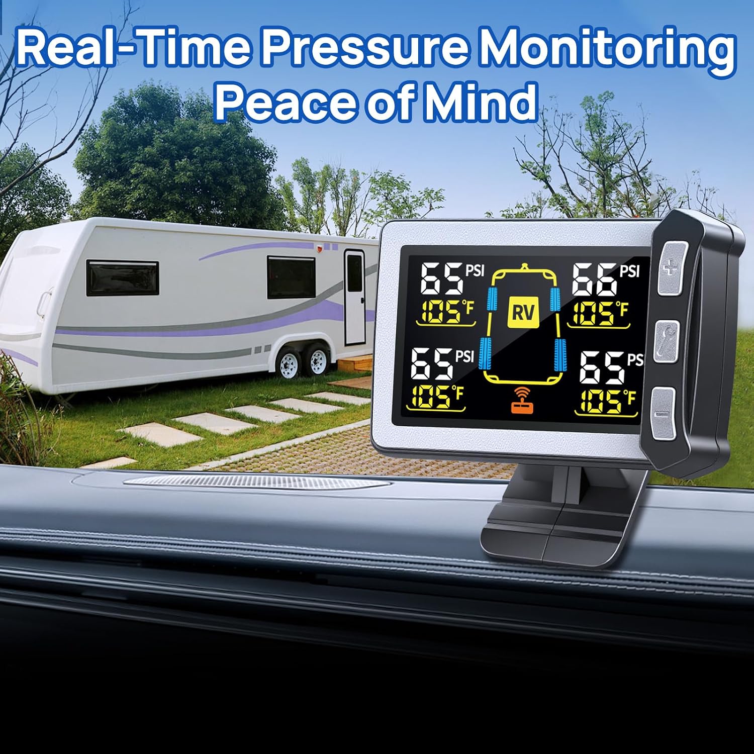 Masoll RV Tire Pressure Monitoring System. TPMS Sensors Set of 4 | Color LCD Display. Ideal for Travel Trailer/5th Wheel/Camper. 0-145psi. 120ft Transmission Distance. Signal Booster Included