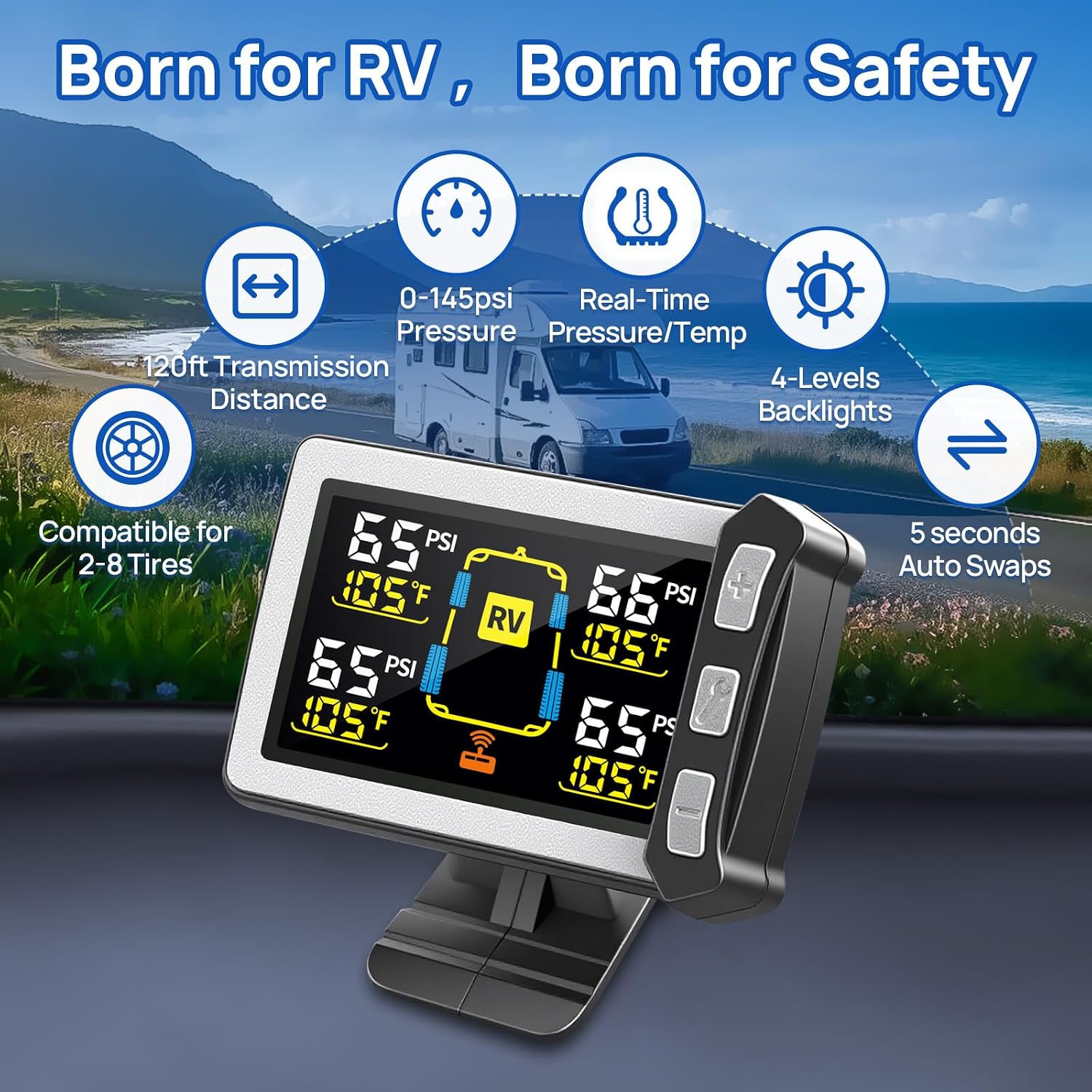 Masoll RV Tire Pressure Monitoring System. TPMS Sensors Set of 4 | Color LCD Display. Ideal for Travel Trailer/5th Wheel/Camper. 0-145psi. 120ft Transmission Distance. Signal Booster Included