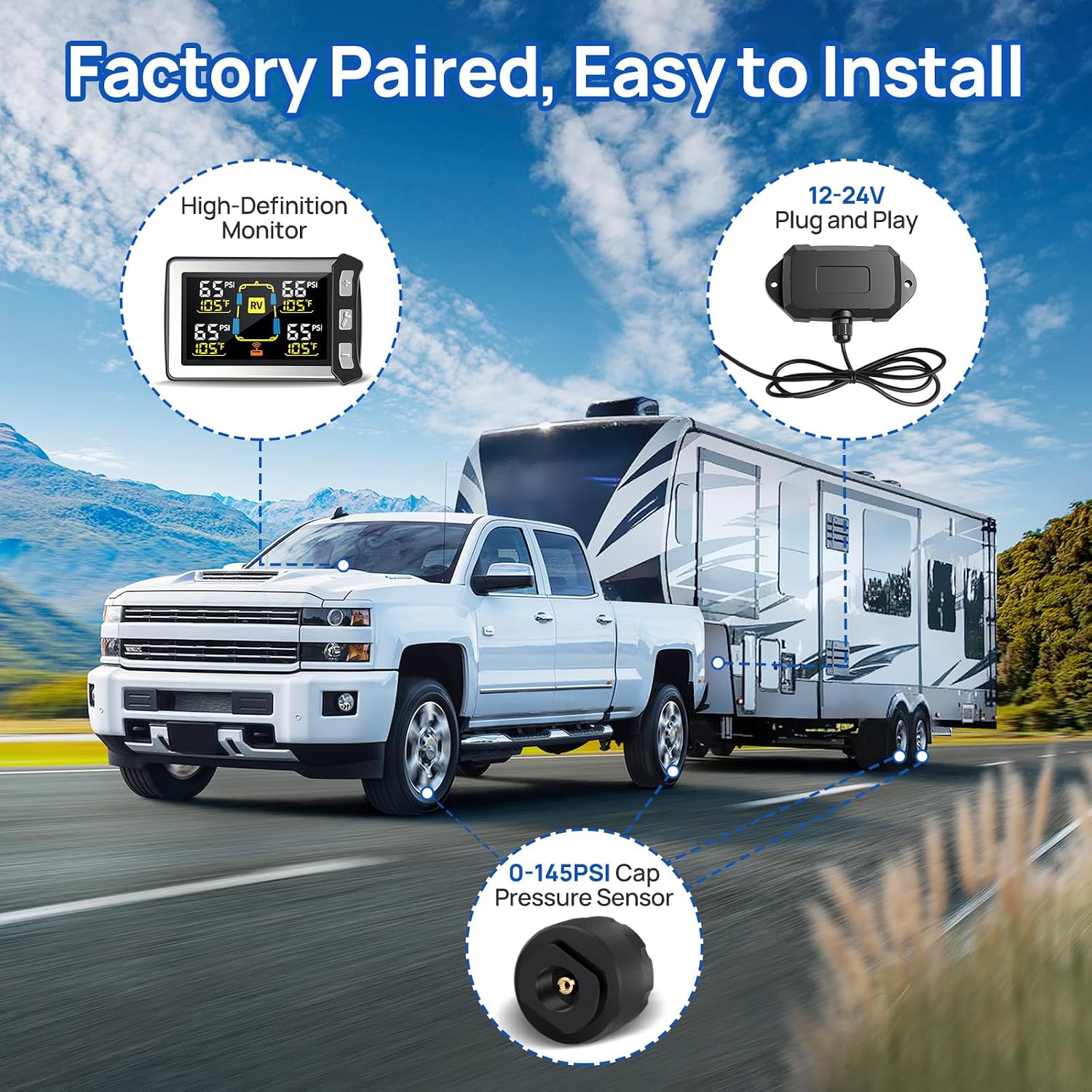 Masoll RV Tire Pressure Monitoring System. TPMS Sensors Set of 4 | Color LCD Display. Ideal for Travel Trailer/5th Wheel/Camper. 0-145psi. 120ft Transmission Distance. Signal Booster Included