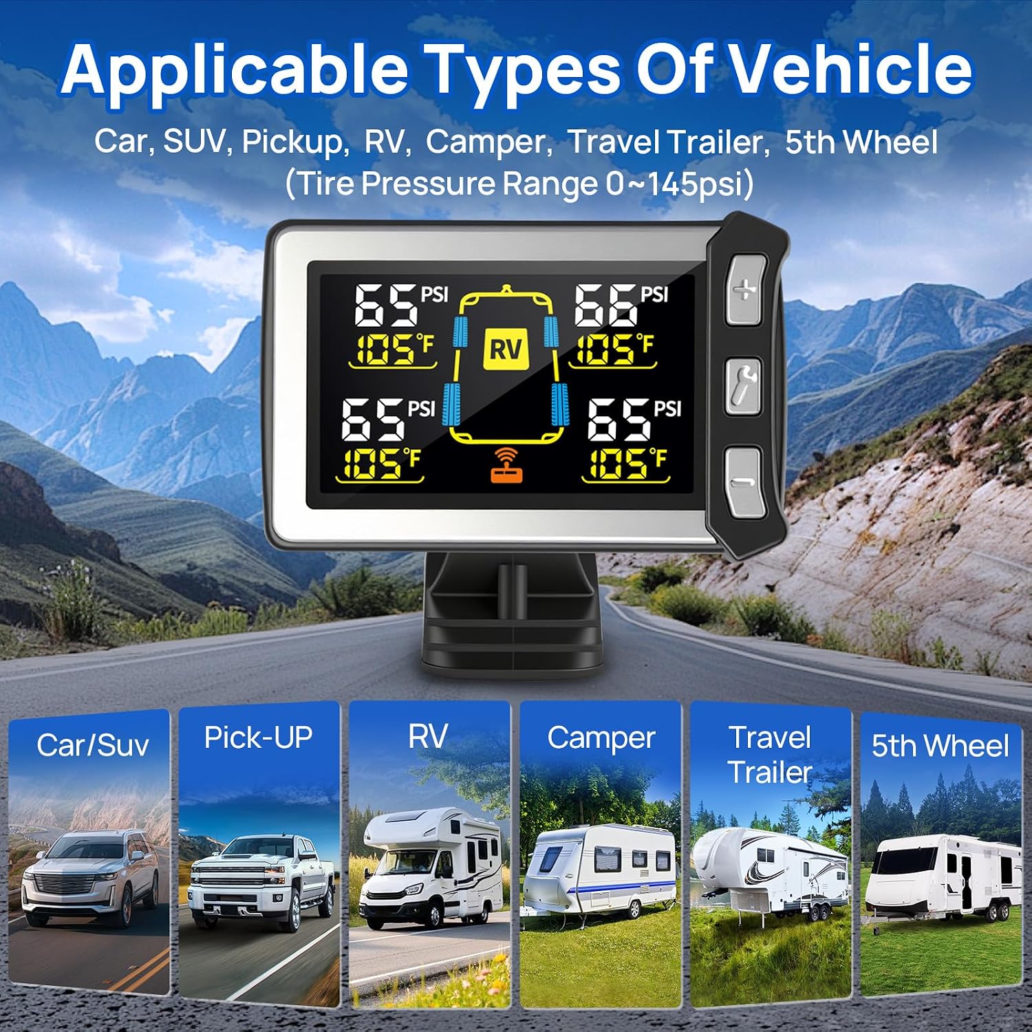 Masoll RV Tire Pressure Monitoring System. TPMS Sensors Set of 4 | Color LCD Display. Ideal for Travel Trailer/5th Wheel/Camper. 0-145psi. 120ft Transmission Distance. Signal Booster Included