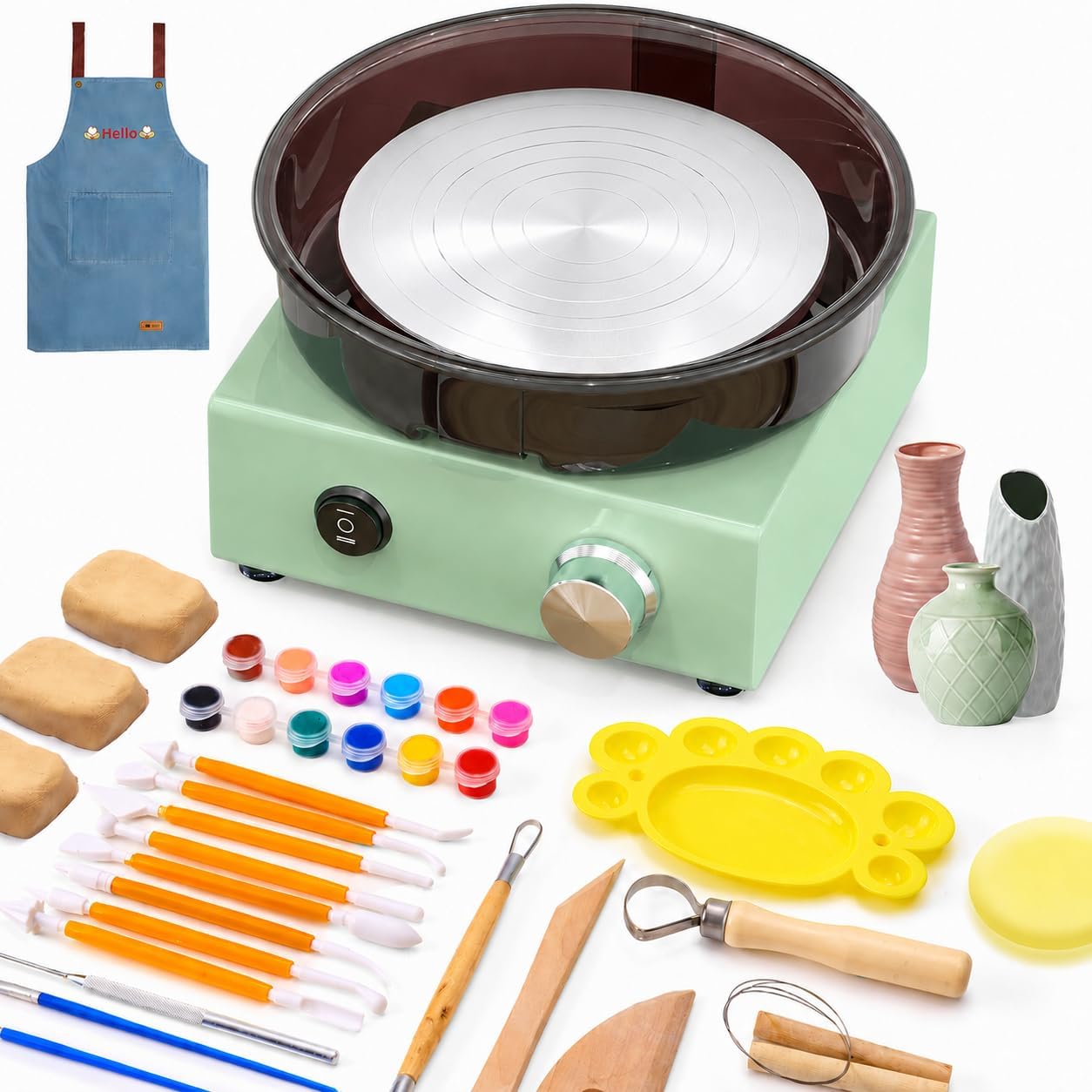 Alldeer Mini Pottery Wheel for Kids. Beginners. Adults. All-in-one Kit | 6 Clay Wheel. Two-Way Rotation. Adjustable Speed. Removable Splash Tray. 18PCS Sculpting Tools. Gift for Teens Girls Boys