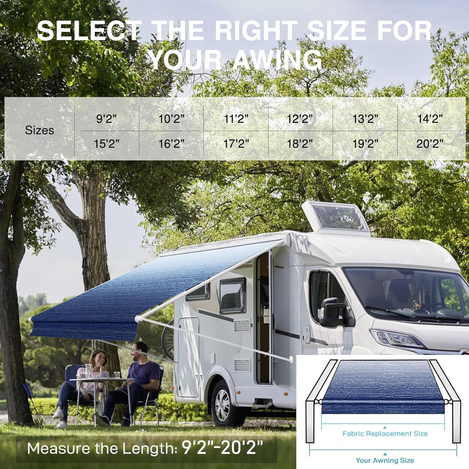20FT RV Awning Fabric Replacement. 19'2 Fabric. 19.5oz. Ocean Blue Fade | Heavy-Duty Vinyl. Weatherproof. UV-Resistant. Cold-Crack Tested. Fits RVs and Travel Trailers