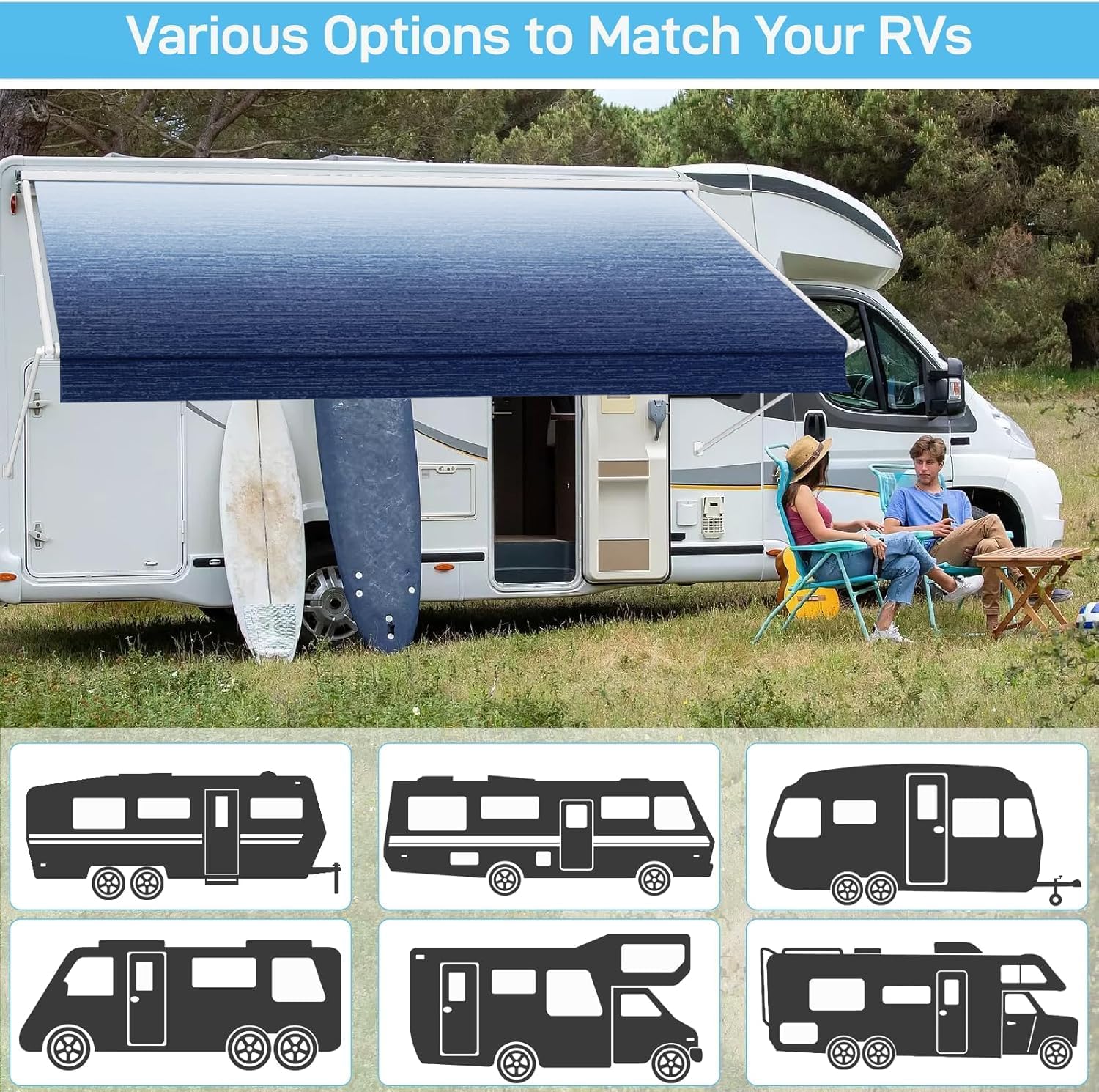 20FT RV Awning Fabric Replacement. 19'2 Fabric. 19.5oz. Ocean Blue Fade | Heavy-Duty Vinyl. Weatherproof. UV-Resistant. Cold-Crack Tested. Fits RVs and Travel Trailers