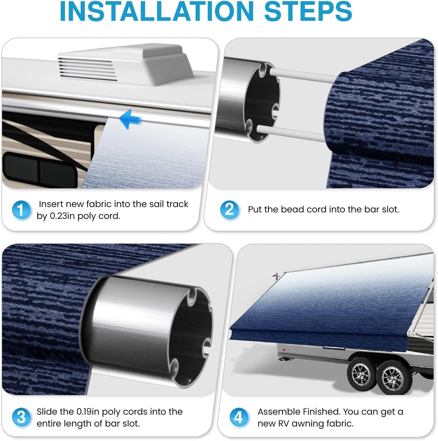 20FT RV Awning Fabric Replacement. 19'2 Fabric. 19.5oz. Ocean Blue Fade | Heavy-Duty Vinyl. Weatherproof. UV-Resistant. Cold-Crack Tested. Fits RVs and Travel Trailers