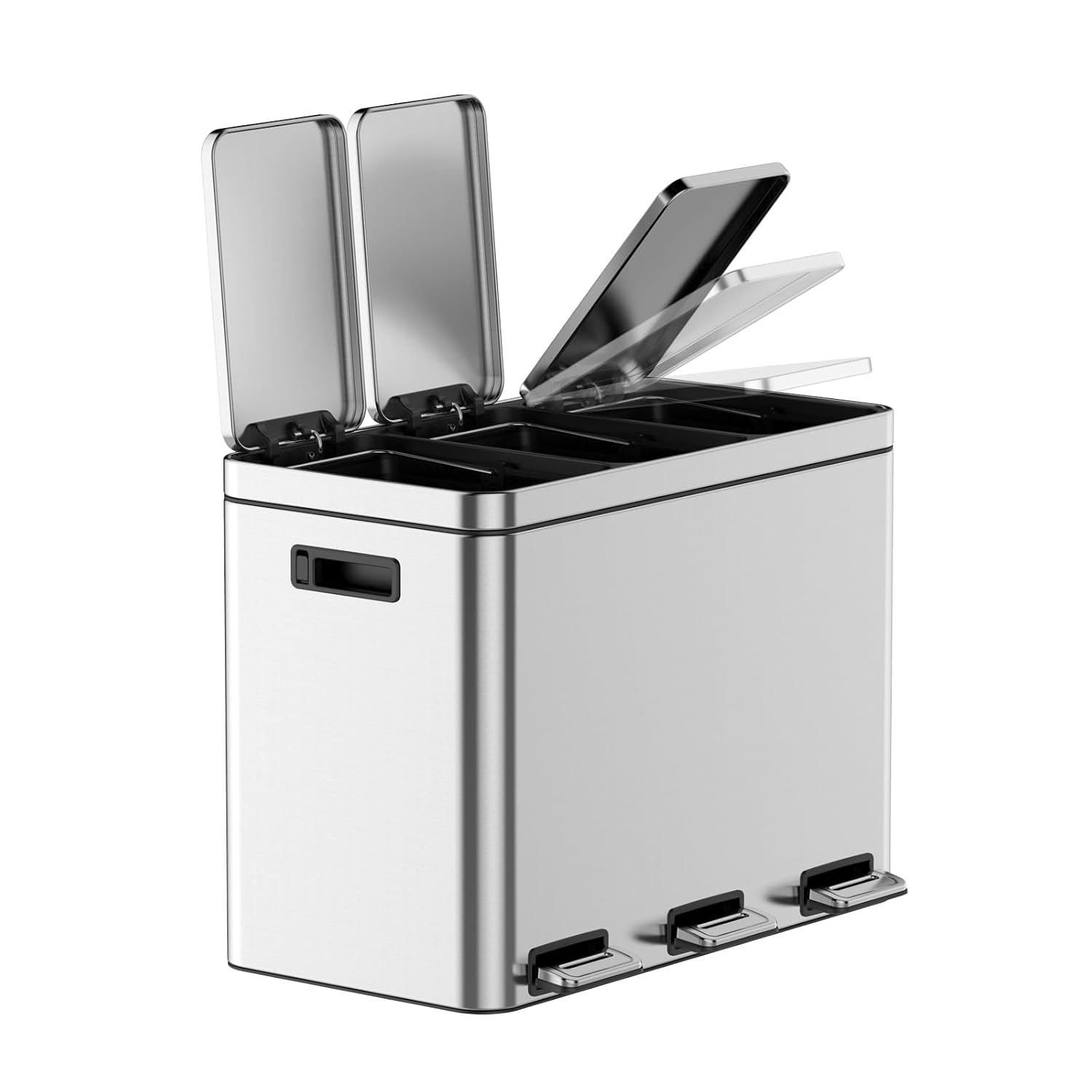 GarveeHome 12 gal Rectangular Recycling Trash Can with 3 Compartments. Silver. 45 L (4+4+4 gal)