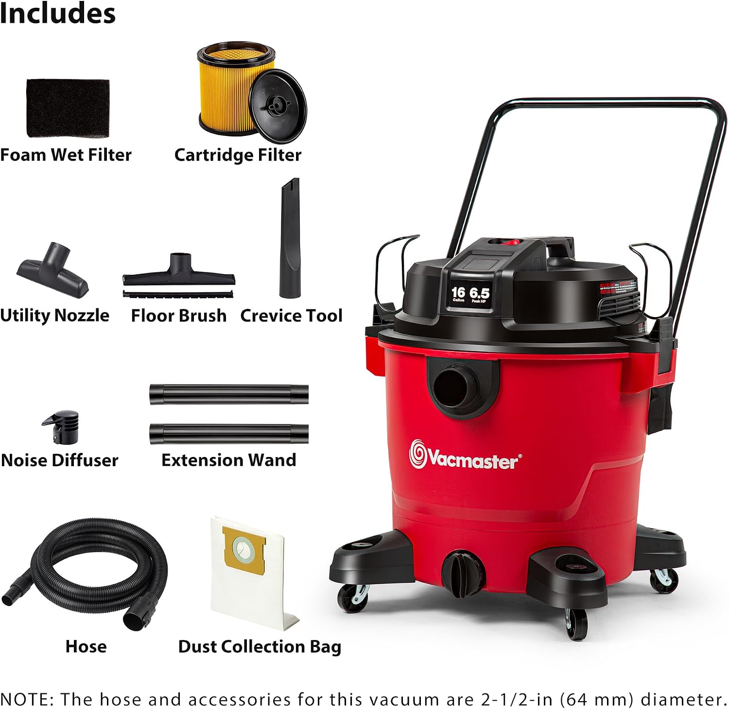 Vacmaster VJH1612PF 1101 16 Gal 6.5 Peak HP† Heavy-Duty Wet/Dry Vac Red