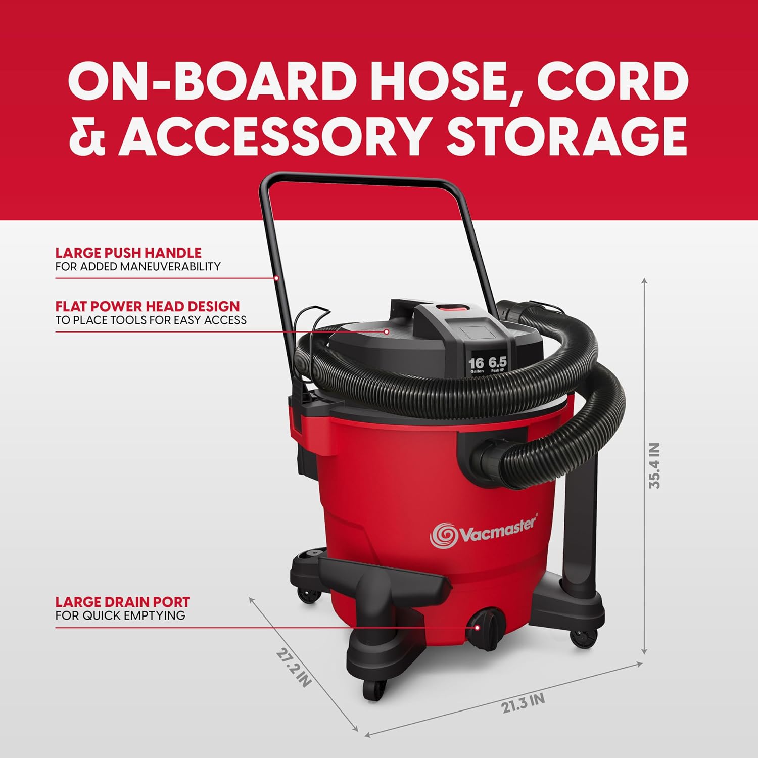 Vacmaster VJH1612PF 1101 16 Gal 6.5 Peak HP† Heavy-Duty Wet/Dry Vac Red