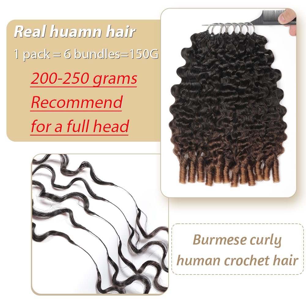 Burmese Curly Ombre Crochet Human Hair for Black Women 22 Inch 1B/30# | 150g Human Hair Crochet Bundles Lightweight Knotless Crochet Hair Human Hair Feather Crochet Hair Extensions Kit