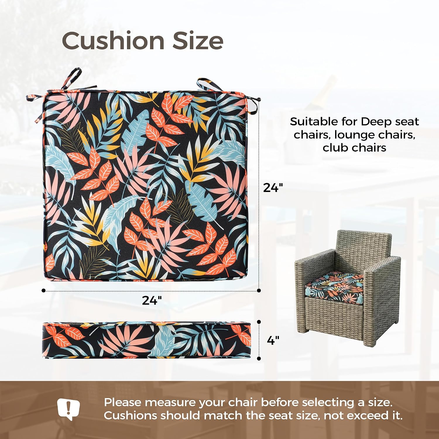 UNIKOME Outdoor Chair Cushions Set of 4. Water Resistant Patio Seat Cushions with Ties for Outdoor Furniture. High-Density Foam. UV & Fade Resistant. Piped Edge – 24 x 24 x 4. Colorful Leaves