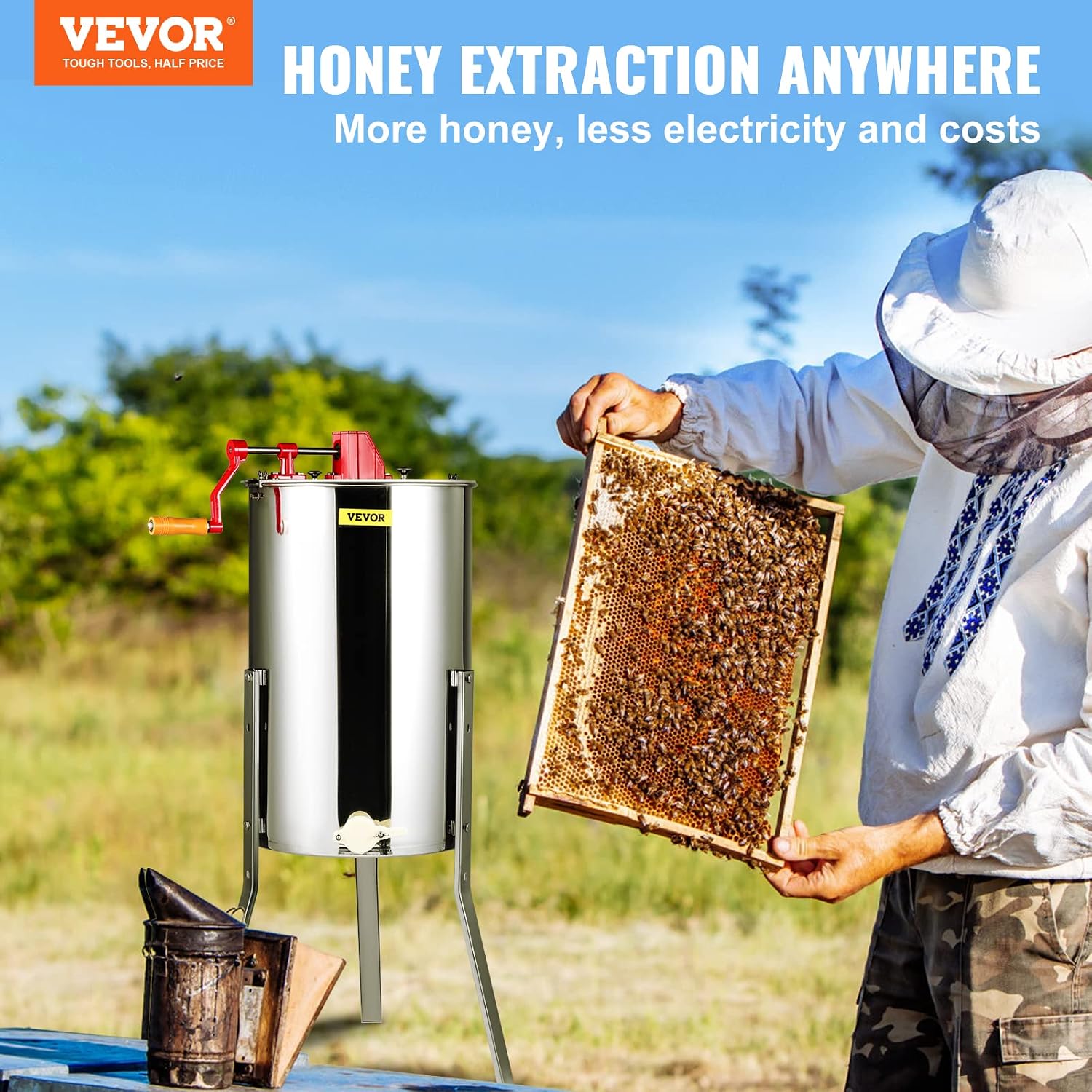 VEVOR 3 Frame Manual Honey Extractor Stainless Steel Beekeeping Extraction | with Hand Crank. Clear Lid and Height Adjustable Stand. Honey Extractor for Beginner Backyard Beekeeping. Small Apiaries