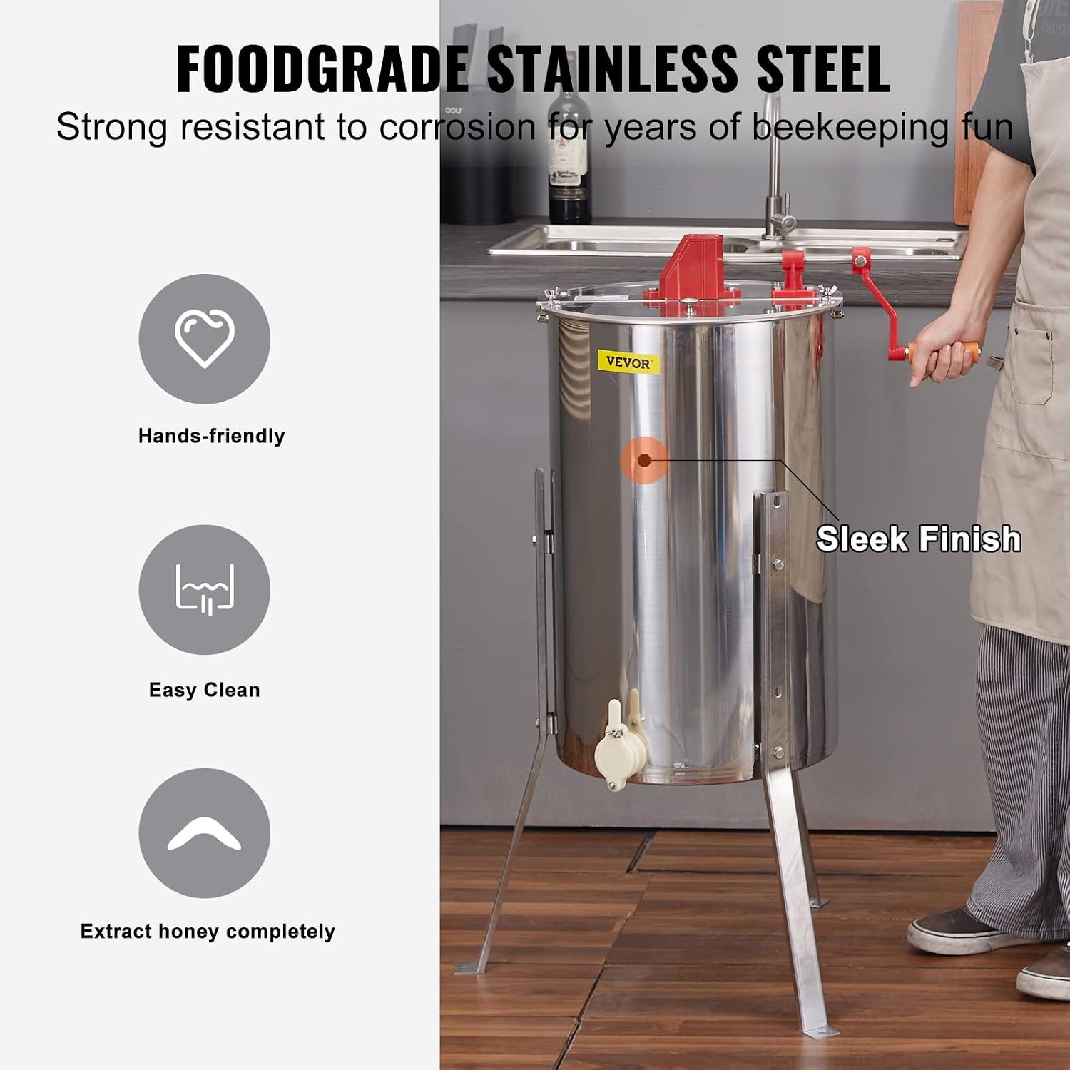 VEVOR 3 Frame Manual Honey Extractor Stainless Steel Beekeeping Extraction | with Hand Crank. Clear Lid and Height Adjustable Stand. Honey Extractor for Beginner Backyard Beekeeping. Small Apiaries