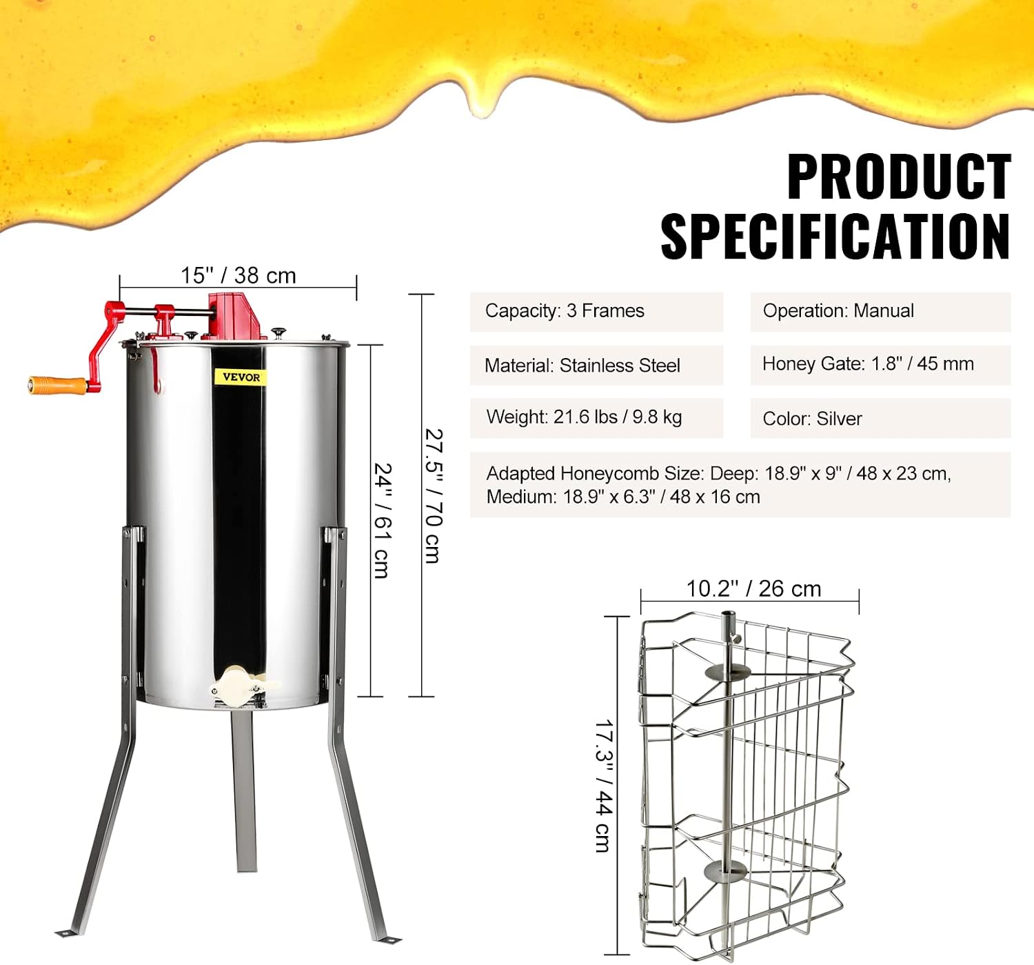 VEVOR 3 Frame Manual Honey Extractor Stainless Steel Beekeeping Extraction | with Hand Crank. Clear Lid and Height Adjustable Stand. Honey Extractor for Beginner Backyard Beekeeping. Small Apiaries