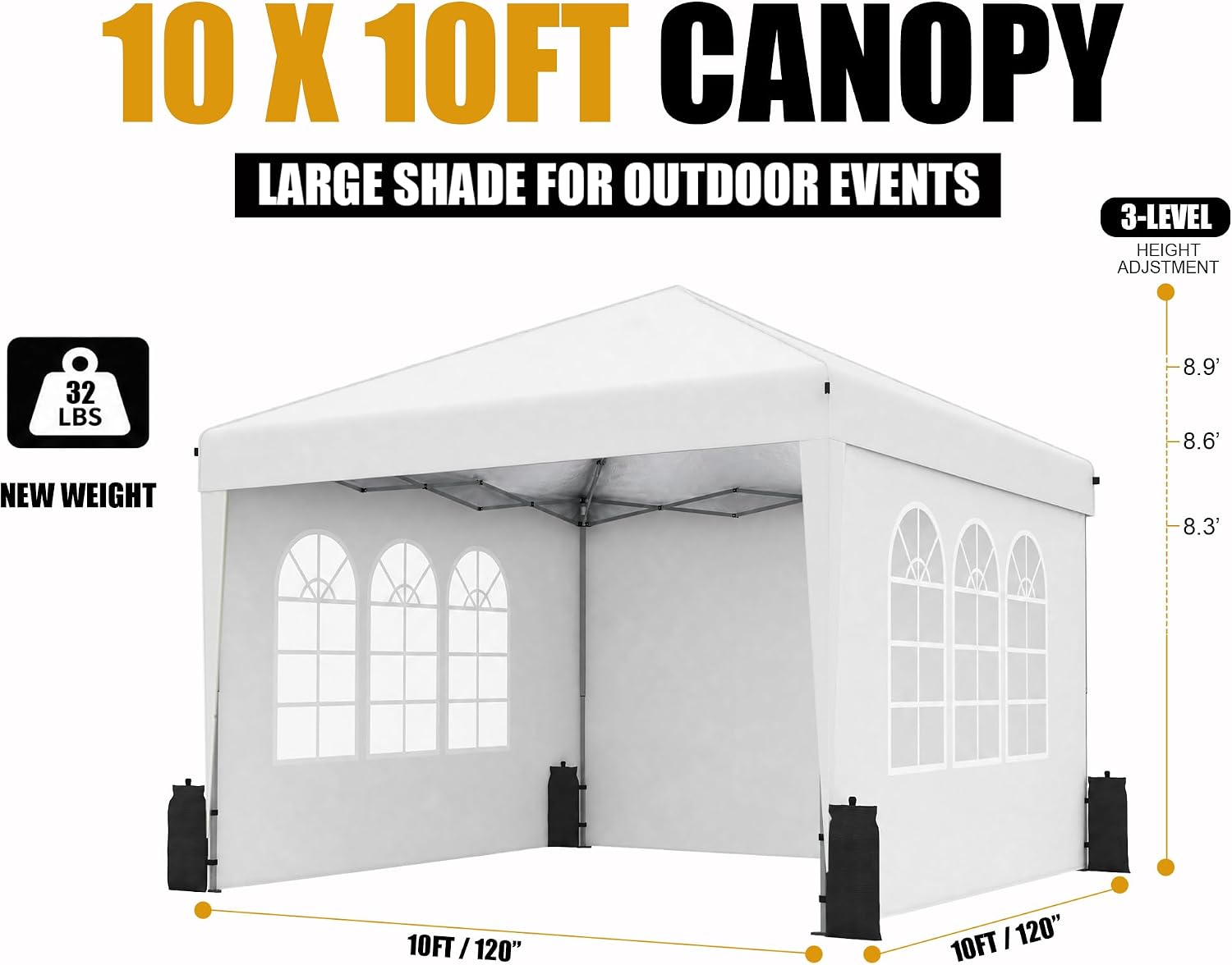 10x10 Pop Up Canopy Tent with Sidewall. Commercial. White | One Push Setup Gazebo Tent. Portable Outdoor Party Events Camping Tent with Carry bag. 3 Height Adjustment. 3 Sidewalls