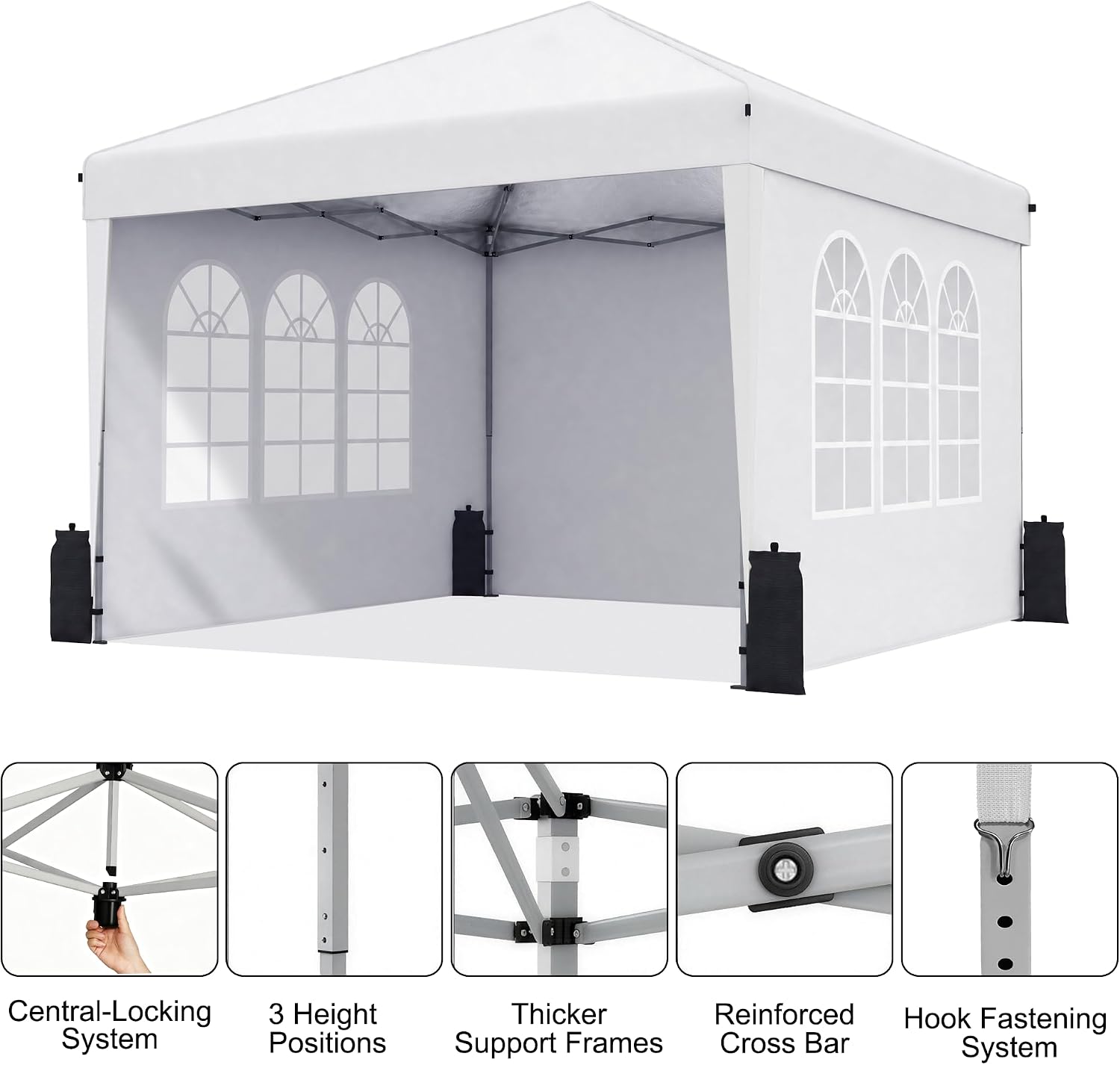 10x10 Pop Up Canopy Tent with Sidewall. Commercial. White | One Push Setup Gazebo Tent. Portable Outdoor Party Events Camping Tent with Carry bag. 3 Height Adjustment. 3 Sidewalls
