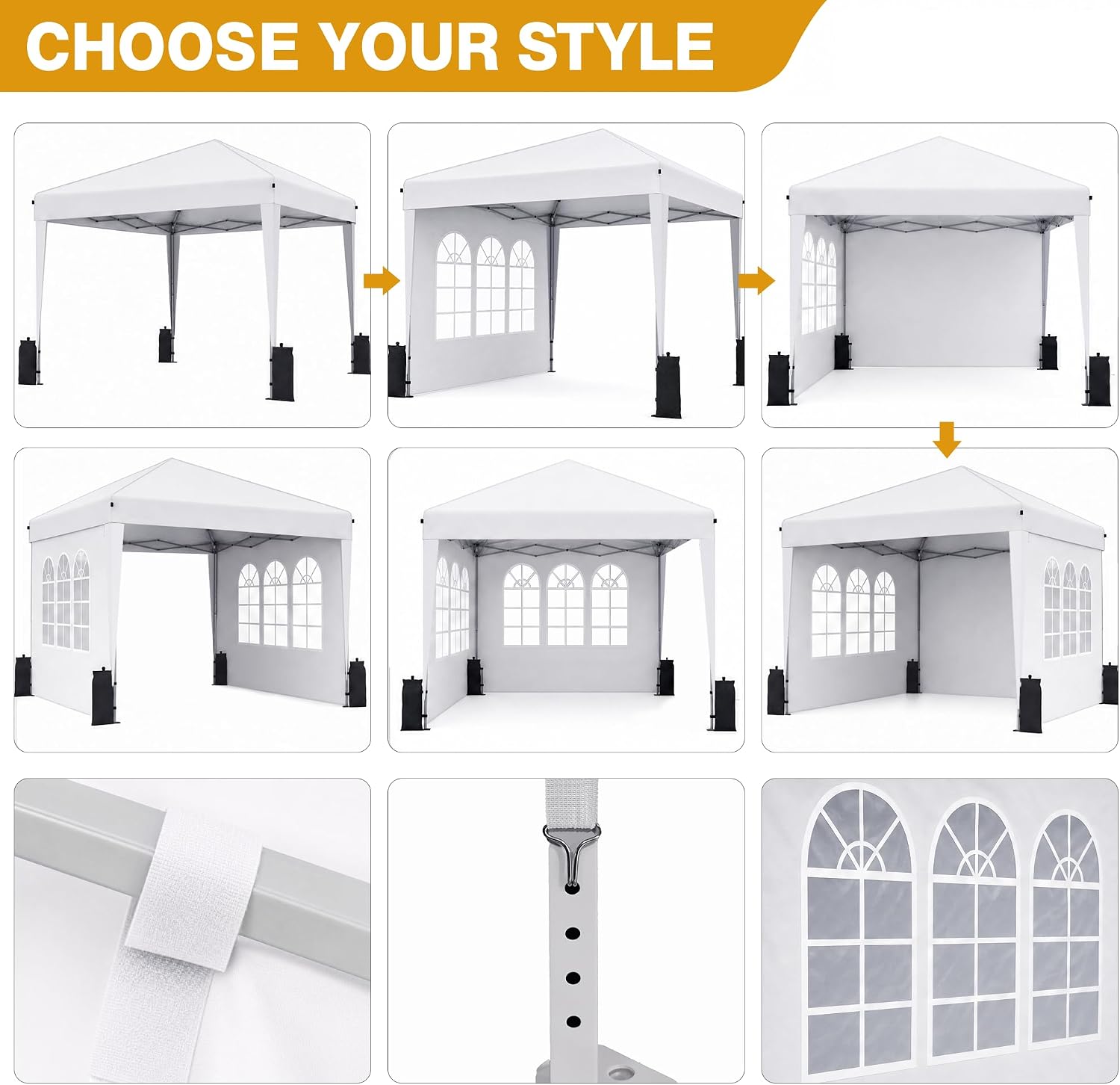 10x10 Pop Up Canopy Tent with Sidewall. Commercial. White | One Push Setup Gazebo Tent. Portable Outdoor Party Events Camping Tent with Carry bag. 3 Height Adjustment. 3 Sidewalls
