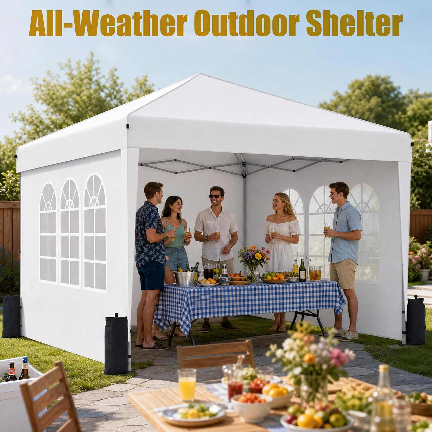 10x10 Pop Up Canopy Tent with Sidewall. Commercial. White | One Push Setup Gazebo Tent. Portable Outdoor Party Events Camping Tent with Carry bag. 3 Height Adjustment. 3 Sidewalls