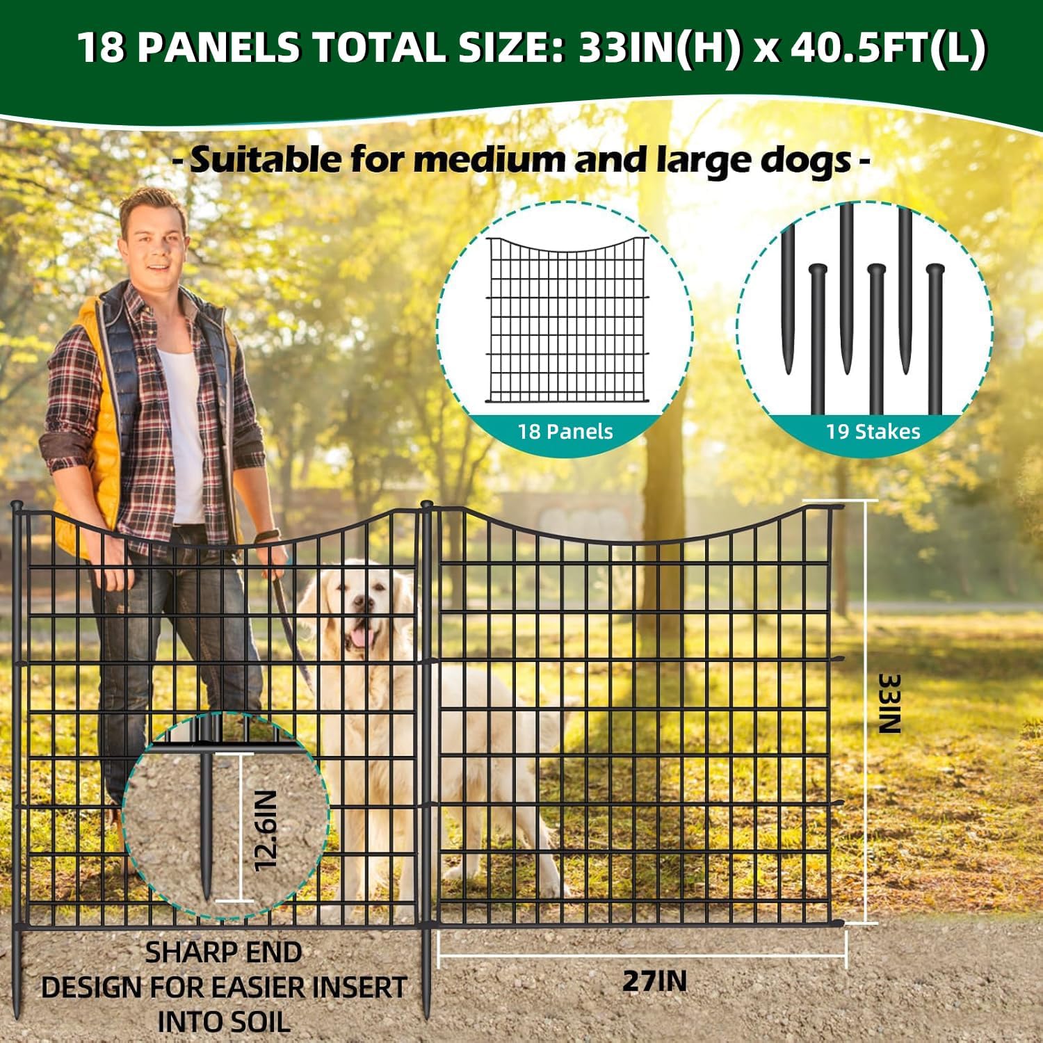 18 Panels No Dig Decorative Fence with Gate. 33 in(H) X 40.5 ft(L) Tall Garden Fence Animal Barrier. Rustproof Metal Wire Edging Border. Temporary Dog Fencing for Outdoor. Yard. Patio