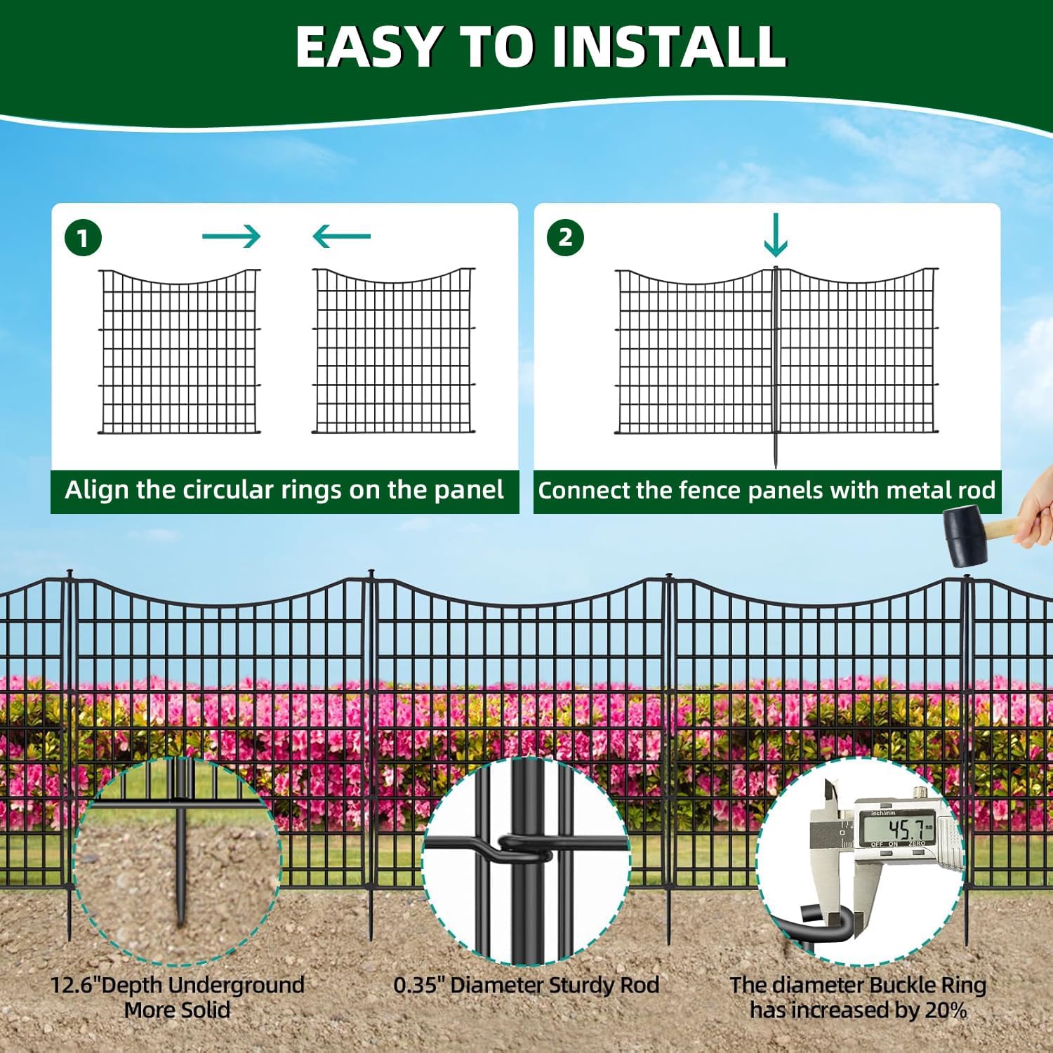 18 Panels No Dig Decorative Fence with Gate. 33 in(H) X 40.5 ft(L) Tall Garden Fence Animal Barrier. Rustproof Metal Wire Edging Border. Temporary Dog Fencing for Outdoor. Yard. Patio