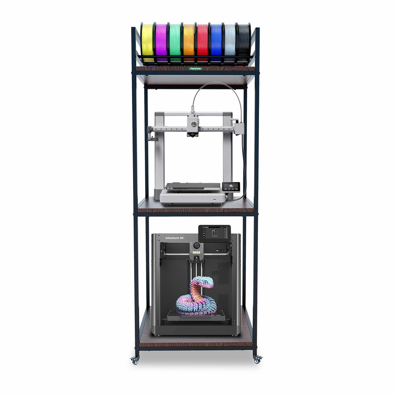 Poweruck PT2 Ultimate Large 3D Printer Storage Solution. Heavy-Duty 3-Tier Stand & Filament Organizer Rack for Biggest Printers on Wheels