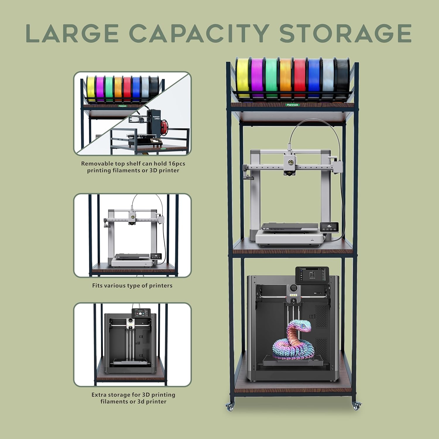 Poweruck PT2 Ultimate Large 3D Printer Storage Solution. Heavy-Duty 3-Tier Stand & Filament Organizer Rack for Biggest Printers on Wheels