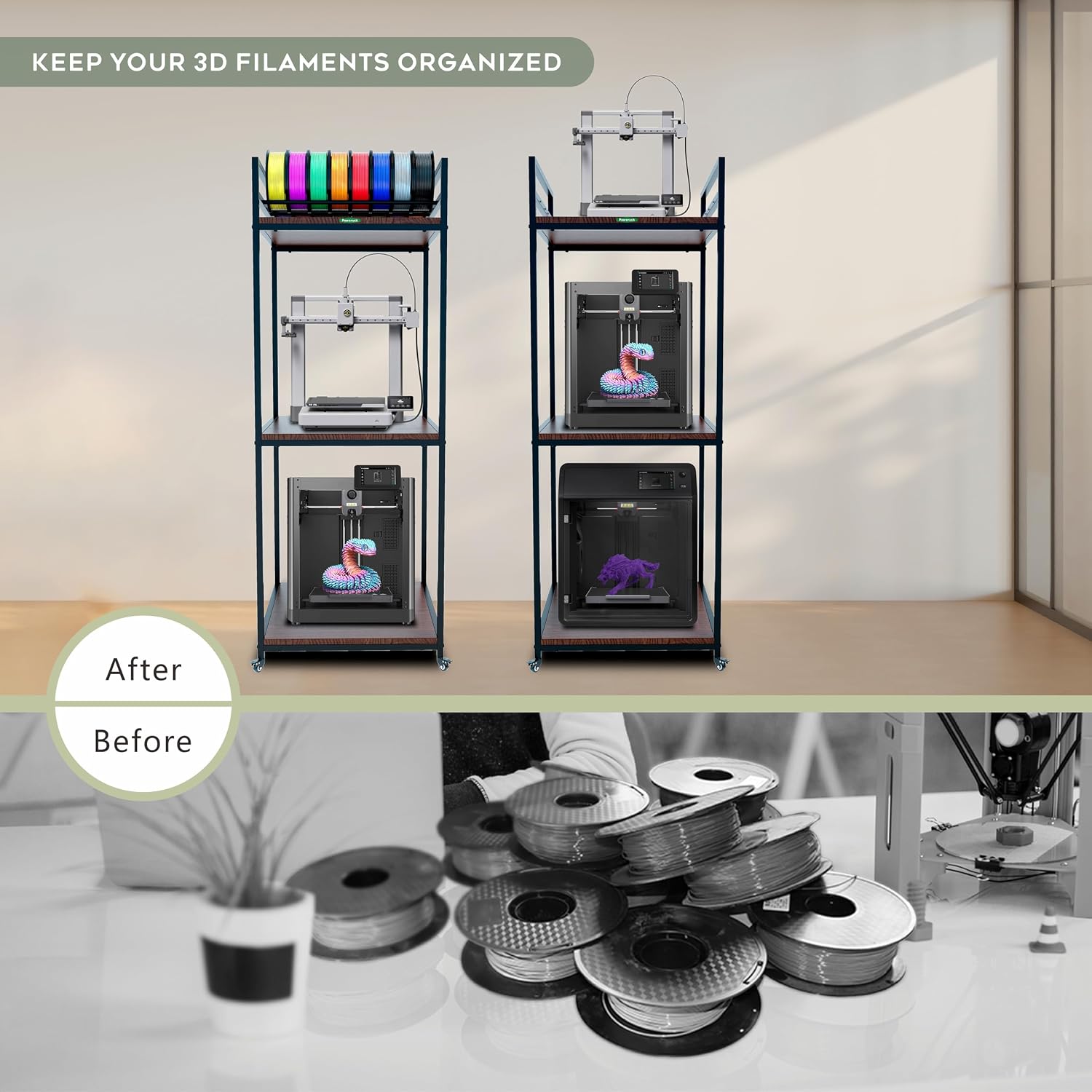 Poweruck PT2 Ultimate Large 3D Printer Storage Solution. Heavy-Duty 3-Tier Stand & Filament Organizer Rack for Biggest Printers on Wheels