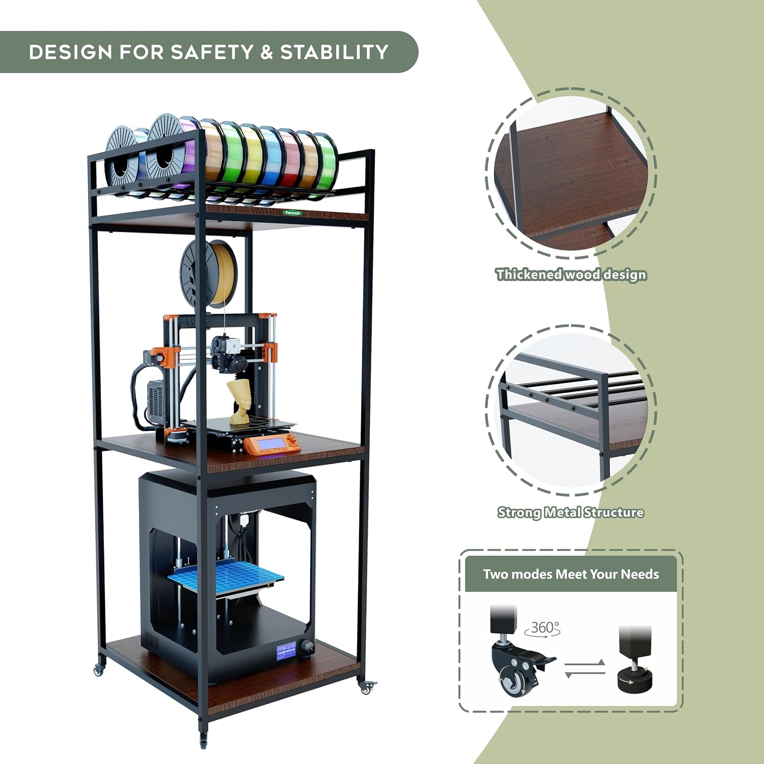 Poweruck PT2 Ultimate Large 3D Printer Storage Solution. Heavy-Duty 3-Tier Stand & Filament Organizer Rack for Biggest Printers on Wheels