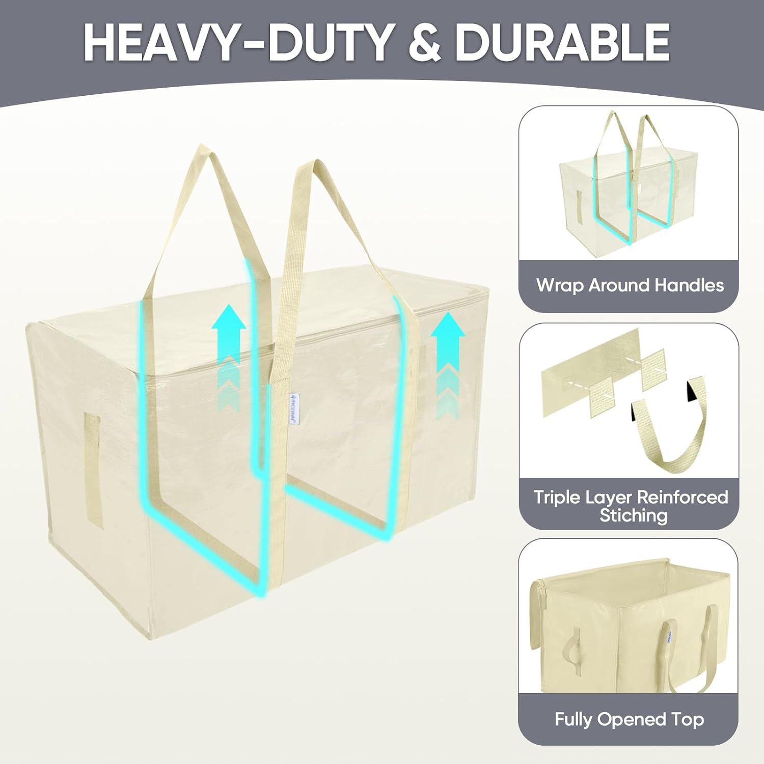 TICONN 2 Pack Extra Large Moving Bags Heavy Duty with Zippers & Carrying Handles. Durable Storage Bags Moving Boxes for Closet Organizers and Storage (2 Pack. Cream)